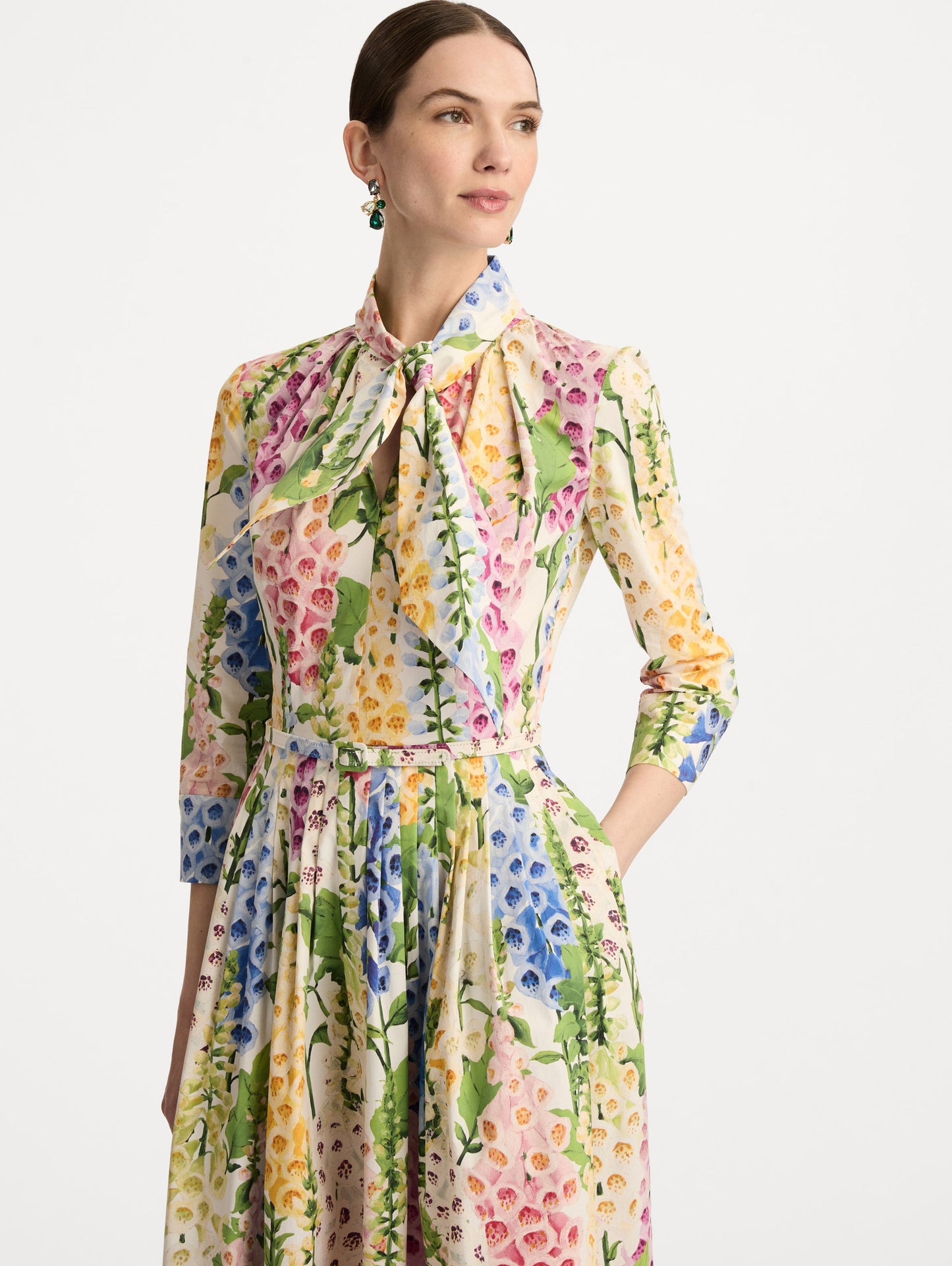Foxglove Cotton Poplin Tie-Neck Dress White multi / Oscar de la Renta