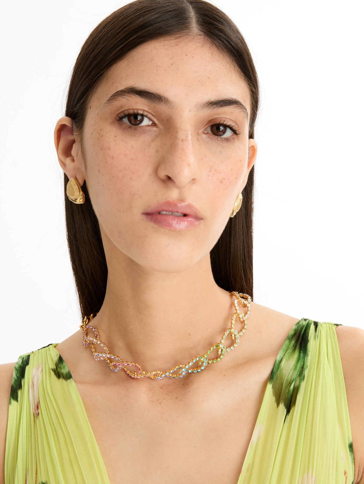 Rhinestone Chain-Link Necklace Rainbow / Oscar de la Renta