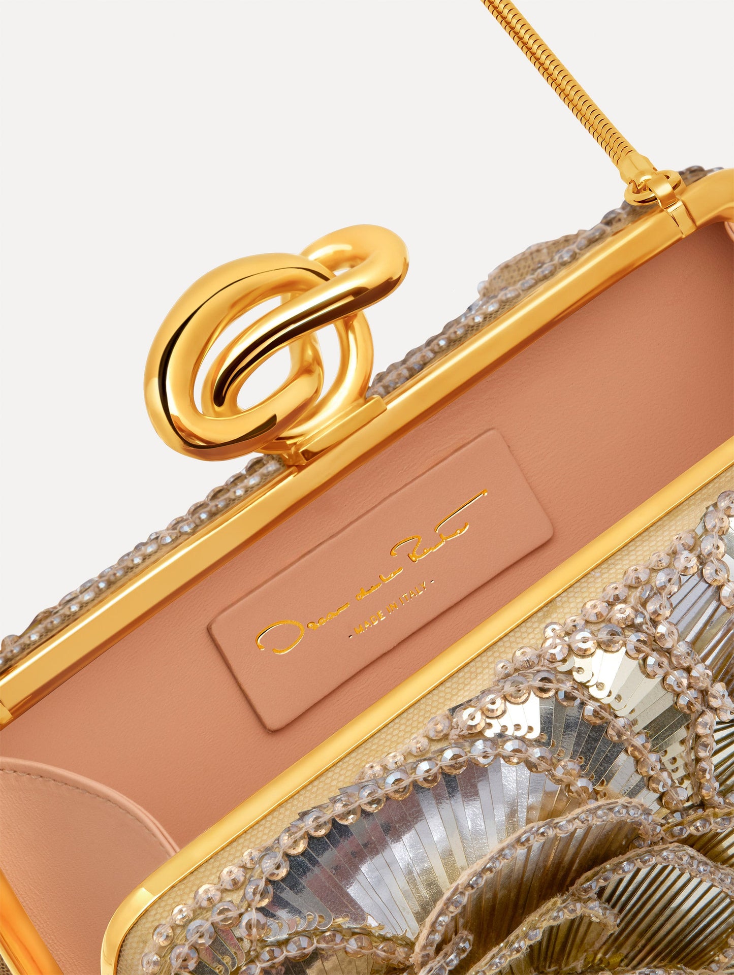 Geometric Sequin Rosette Knot Minaudière Gold / Oscar de la Renta