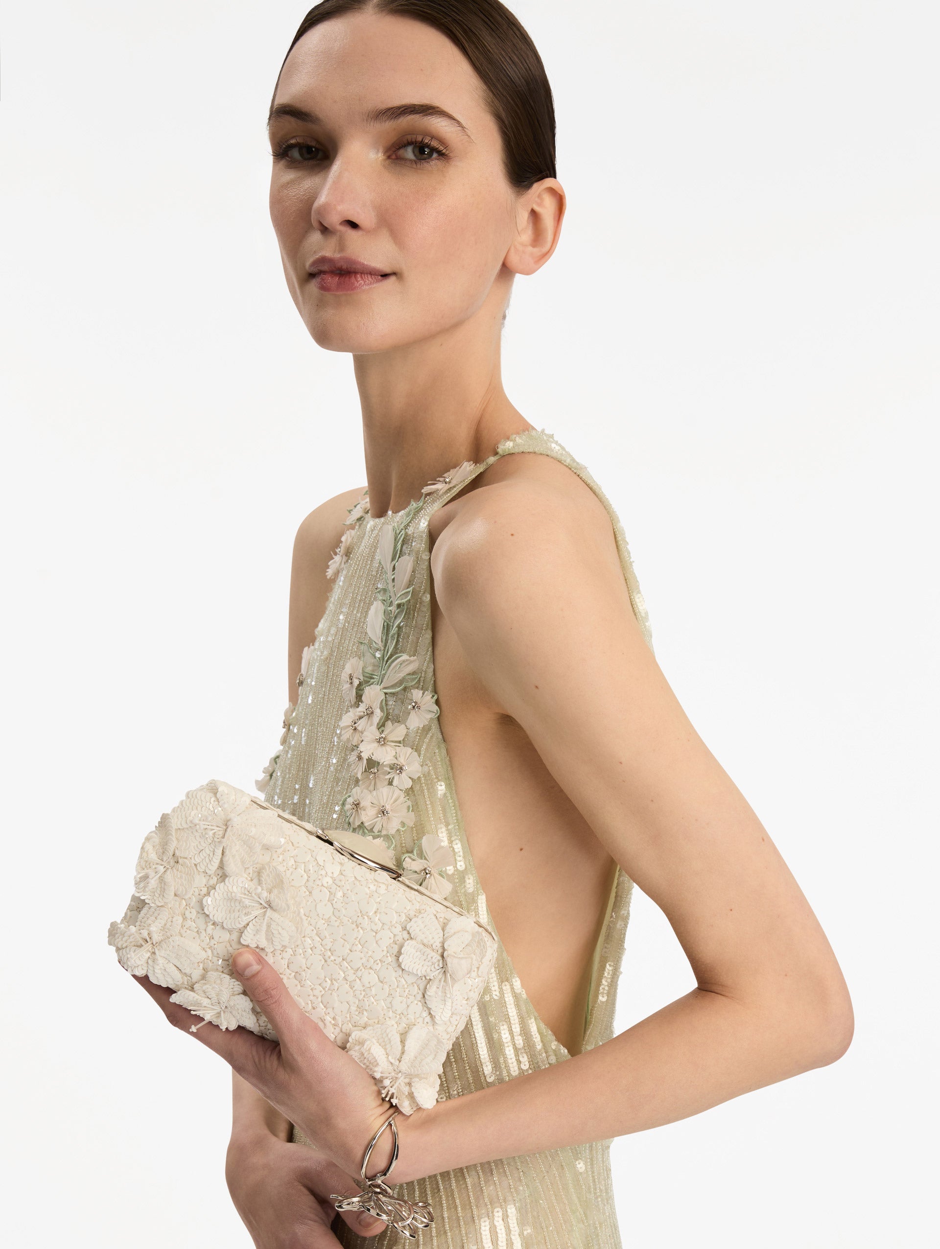 Cherry Blossom Embroidered O Minaudière White / Oscar de la Renta