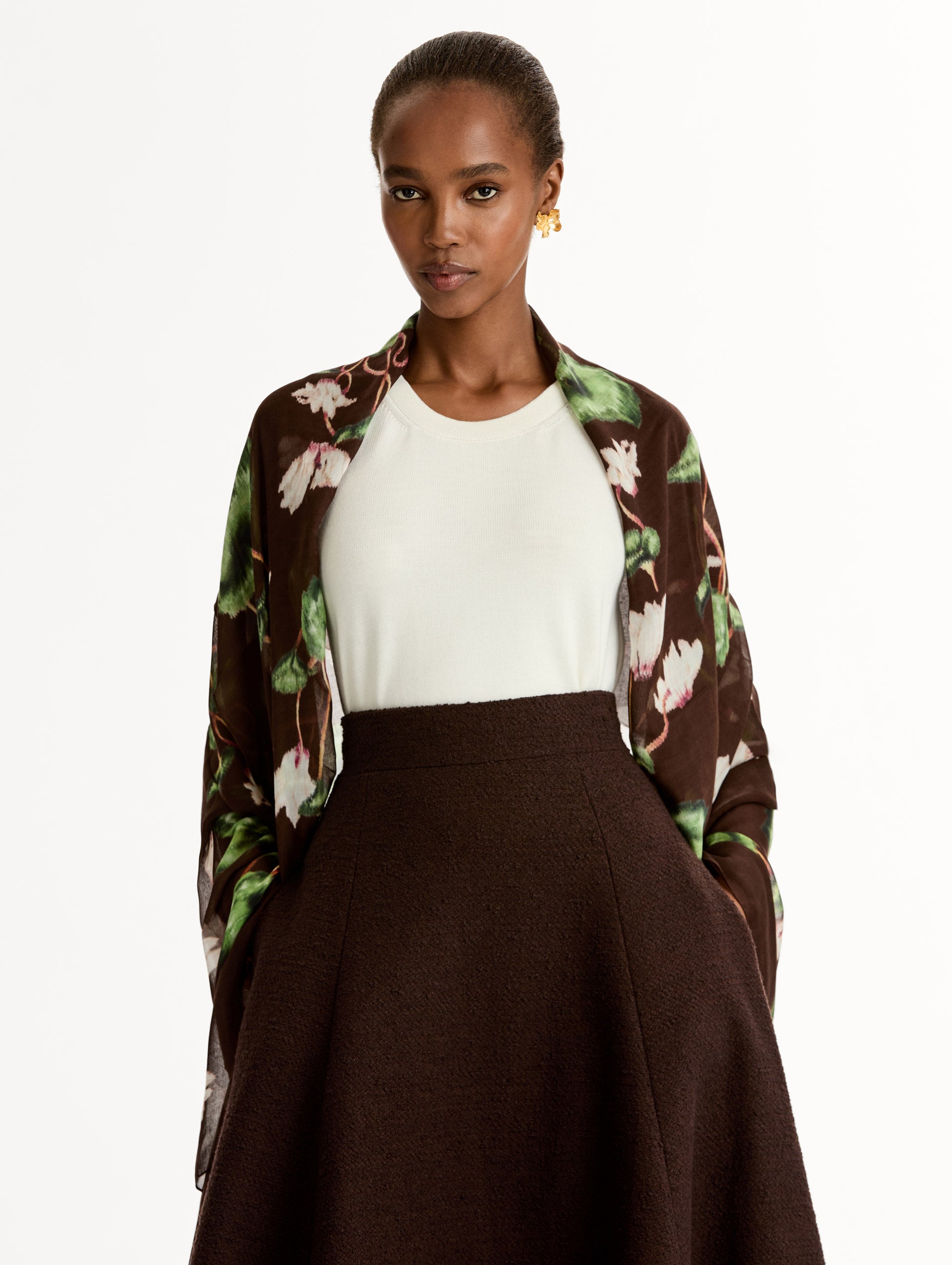 Chiné Cyclamen Modal Cashmere Scarf White/mahogany / Oscar de la Renta