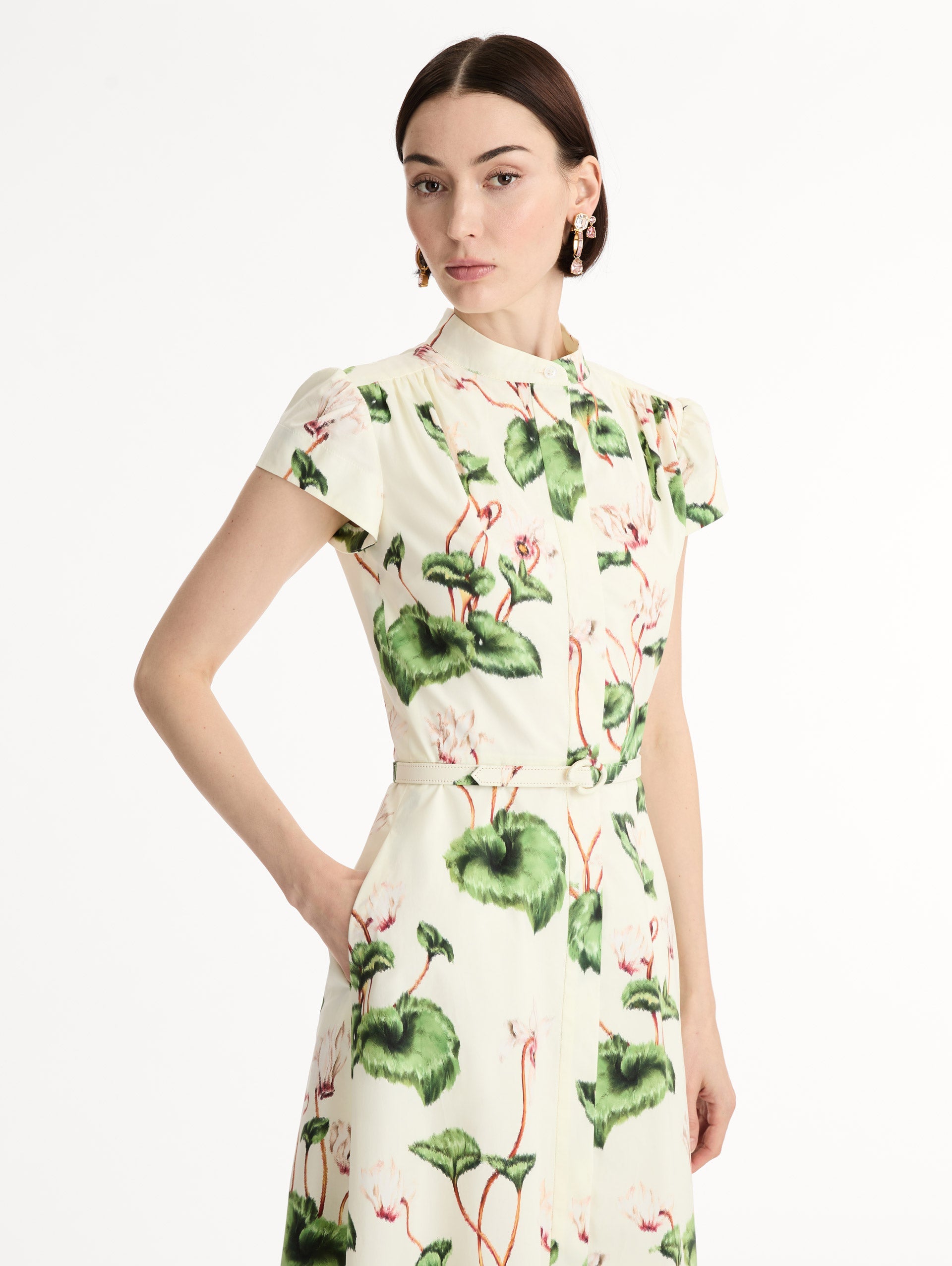 Chiné Cyclamen Cotton Poplin Cap Sleeve Dress White/ivory / Oscar de la Renta