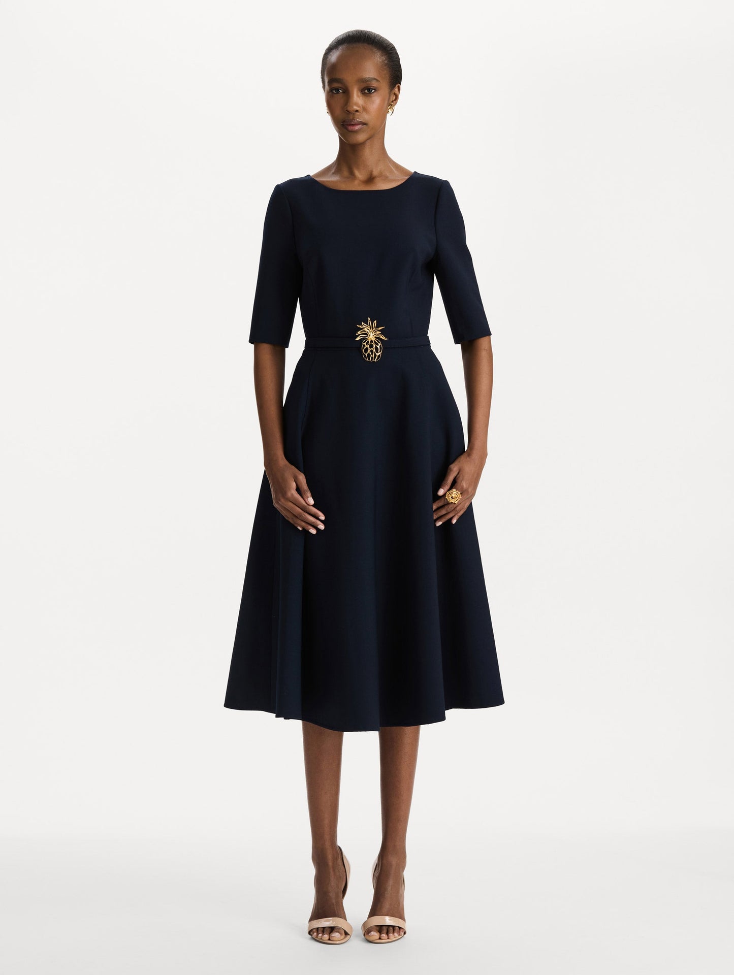 Pineapple Belt Wool Dress Navy / Oscar de la Renta