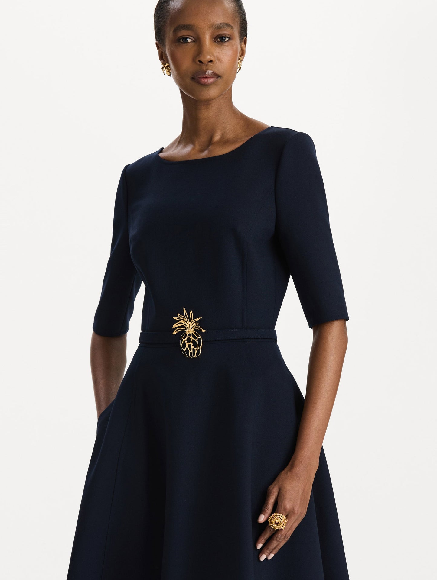 Pineapple Belt Wool Dress Navy / Oscar de la Renta