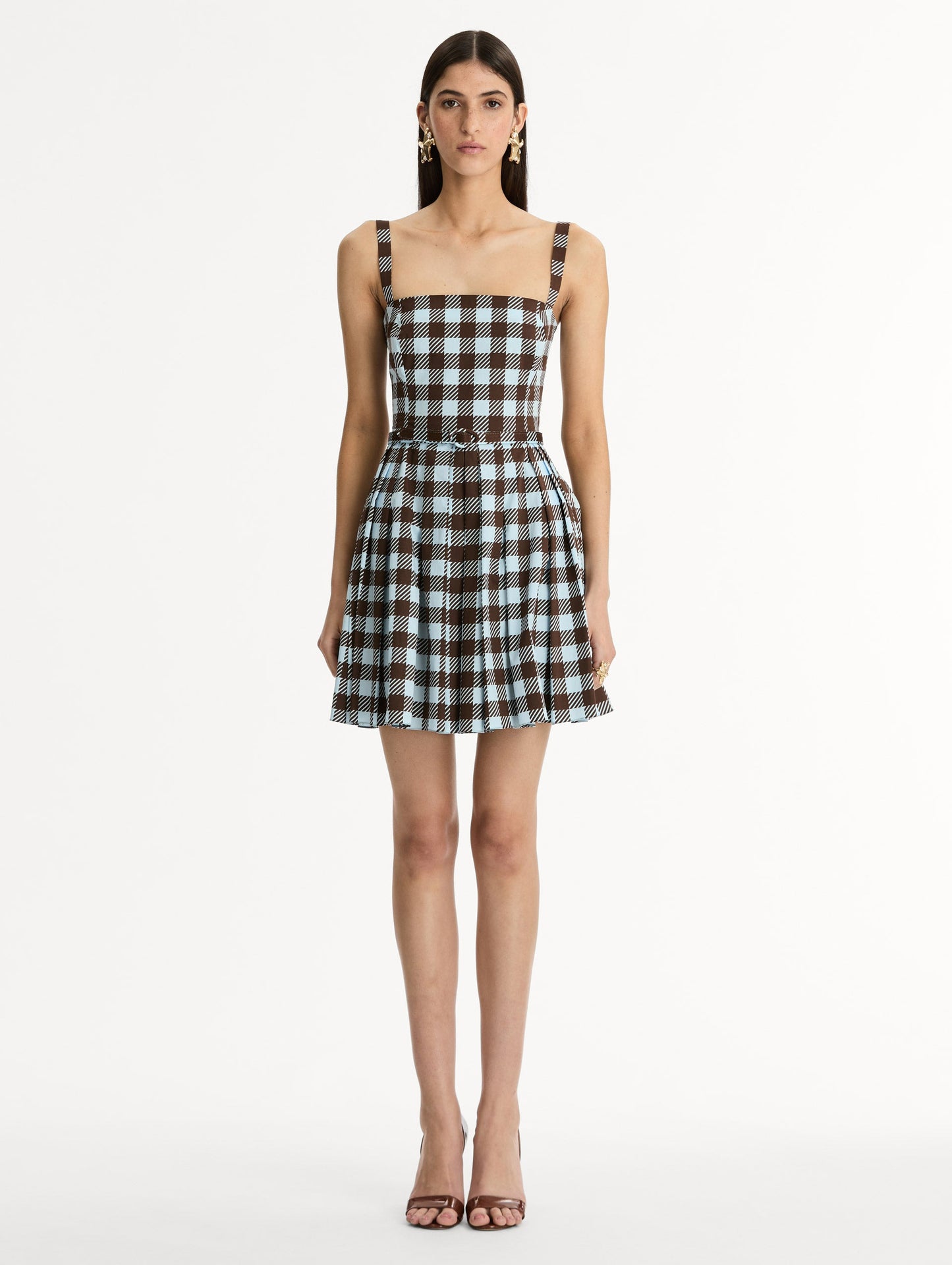 Gingham Cotton Poplin Sleeveless Dress Ice/mahogany / Oscar de la Renta