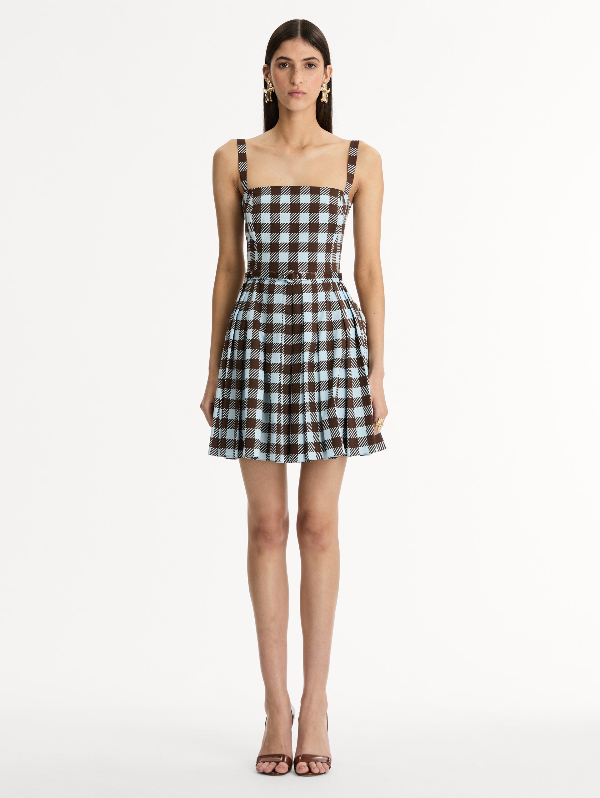 Gingham Cotton Poplin Sleeveless Dress Ice/mahogany / Oscar de la Renta