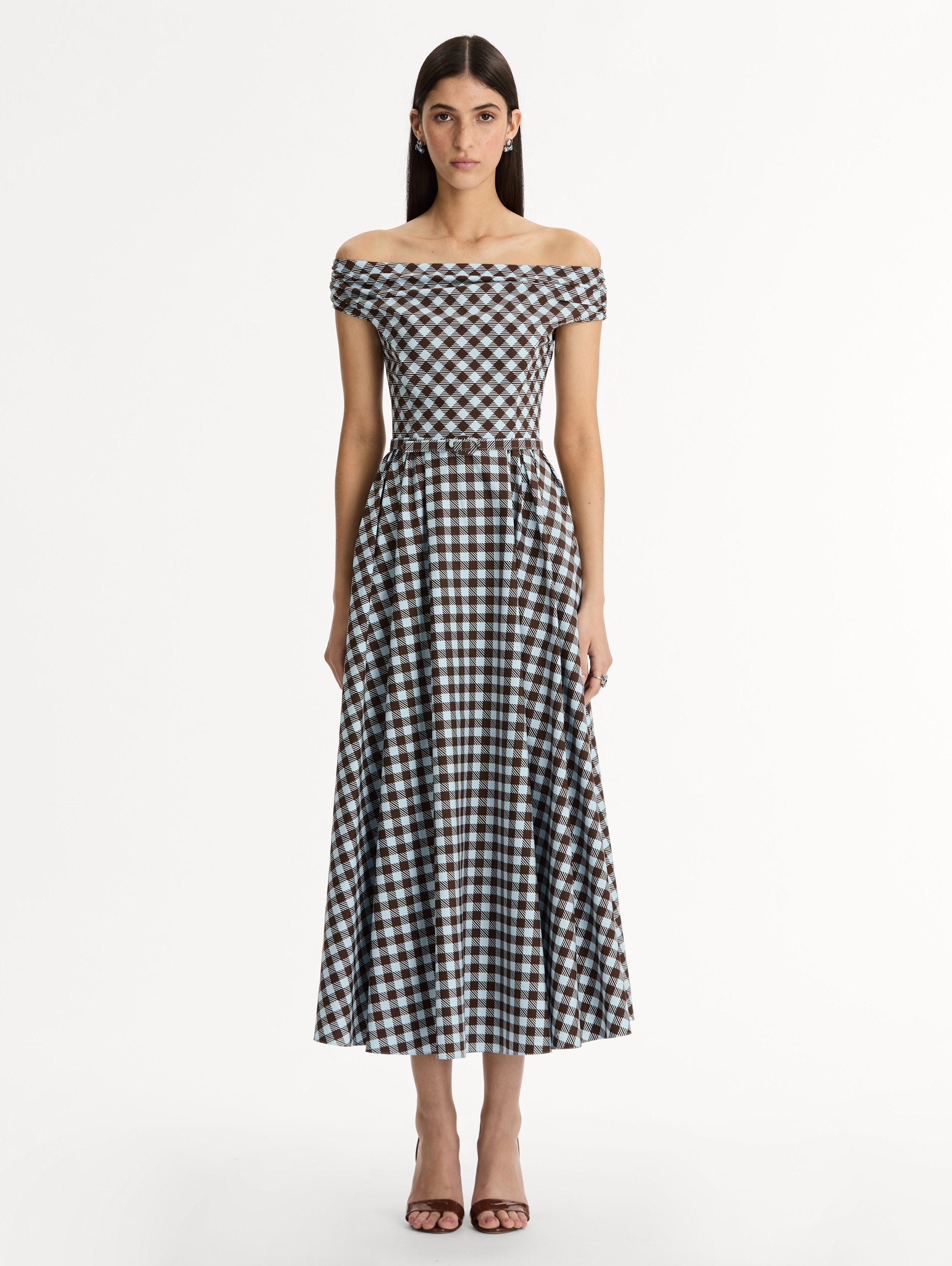 Gingham Cotton Poplin Dress Ice/mahogany / Oscar de la Renta