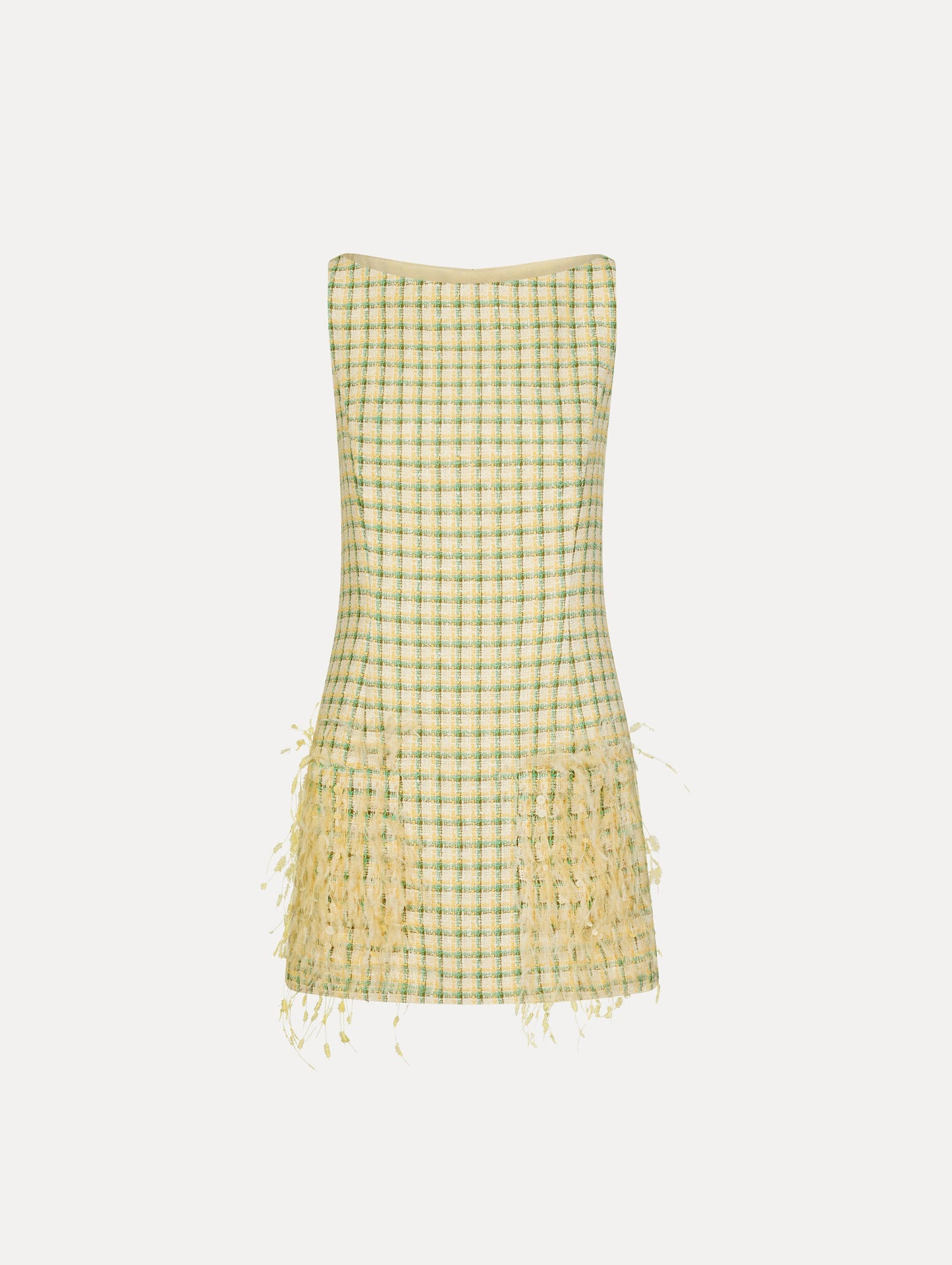 Point d’Esprit Feather Embroidered Checked Tweed Dress Butter multi / Oscar de la Renta