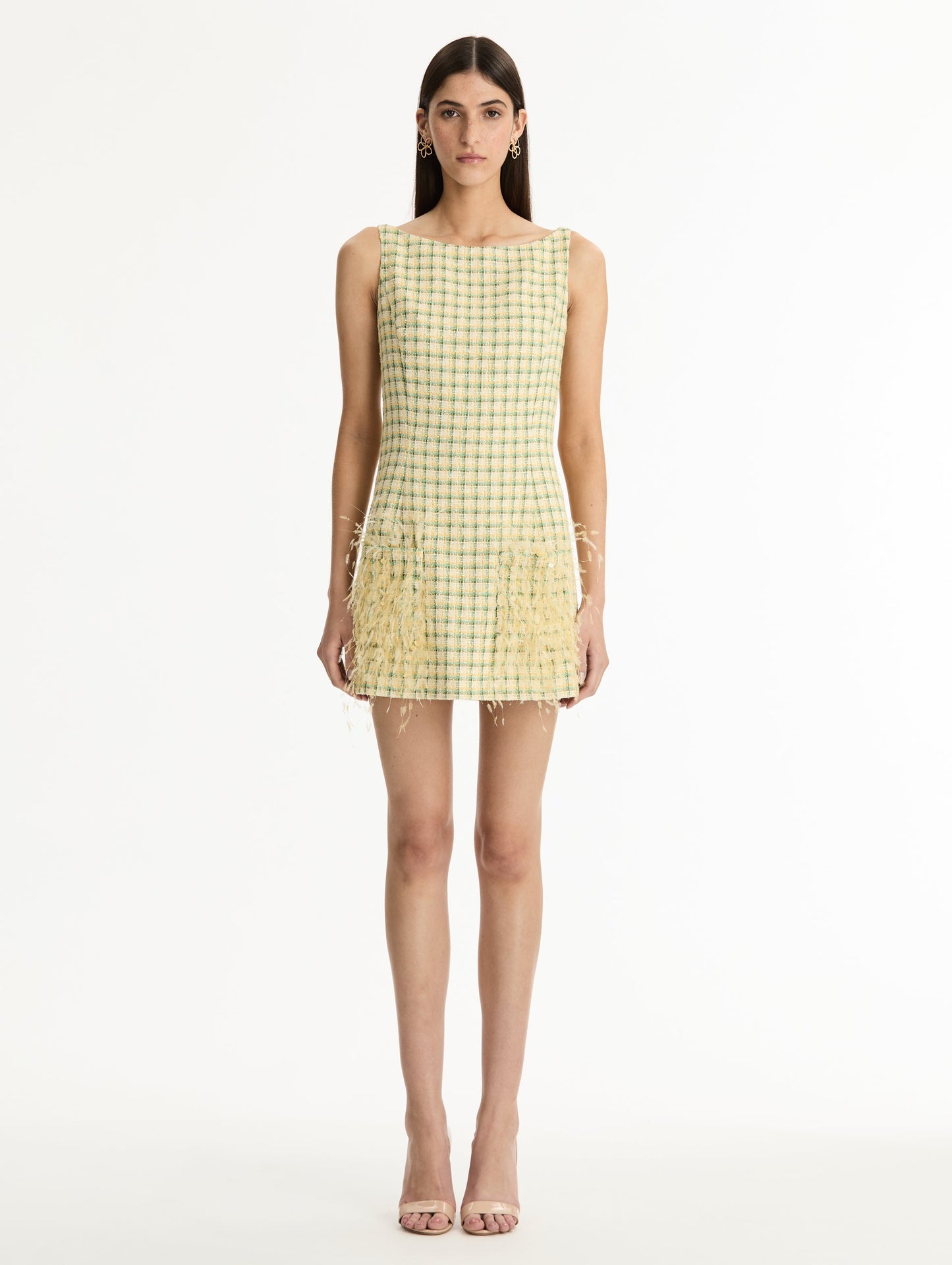 Point d’Esprit Feather Embroidered Checked Tweed Dress Butter multi / Oscar de la Renta