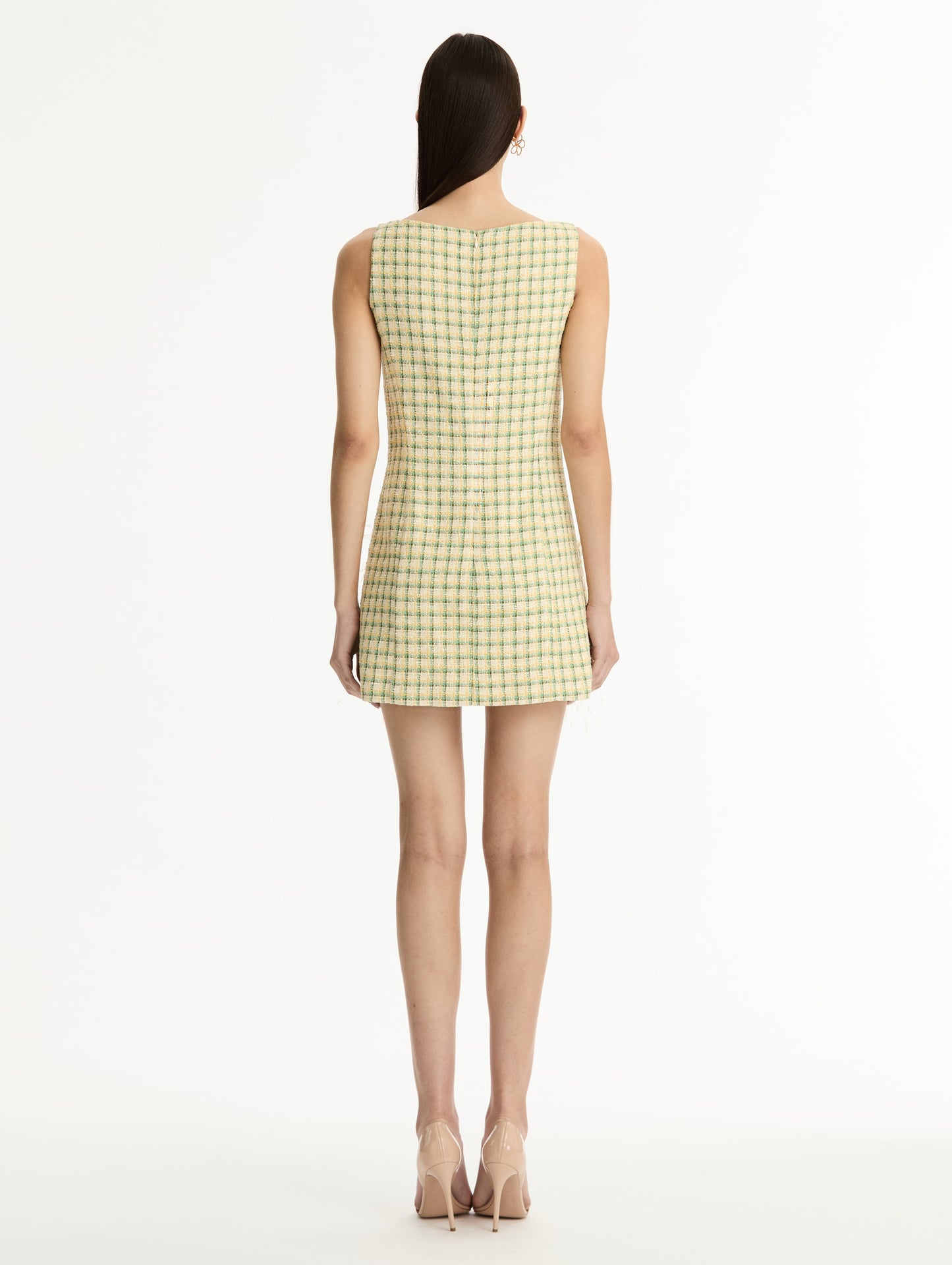 Point d’Esprit Feather Embroidered Checked Tweed Dress Butter multi / Oscar de la Renta