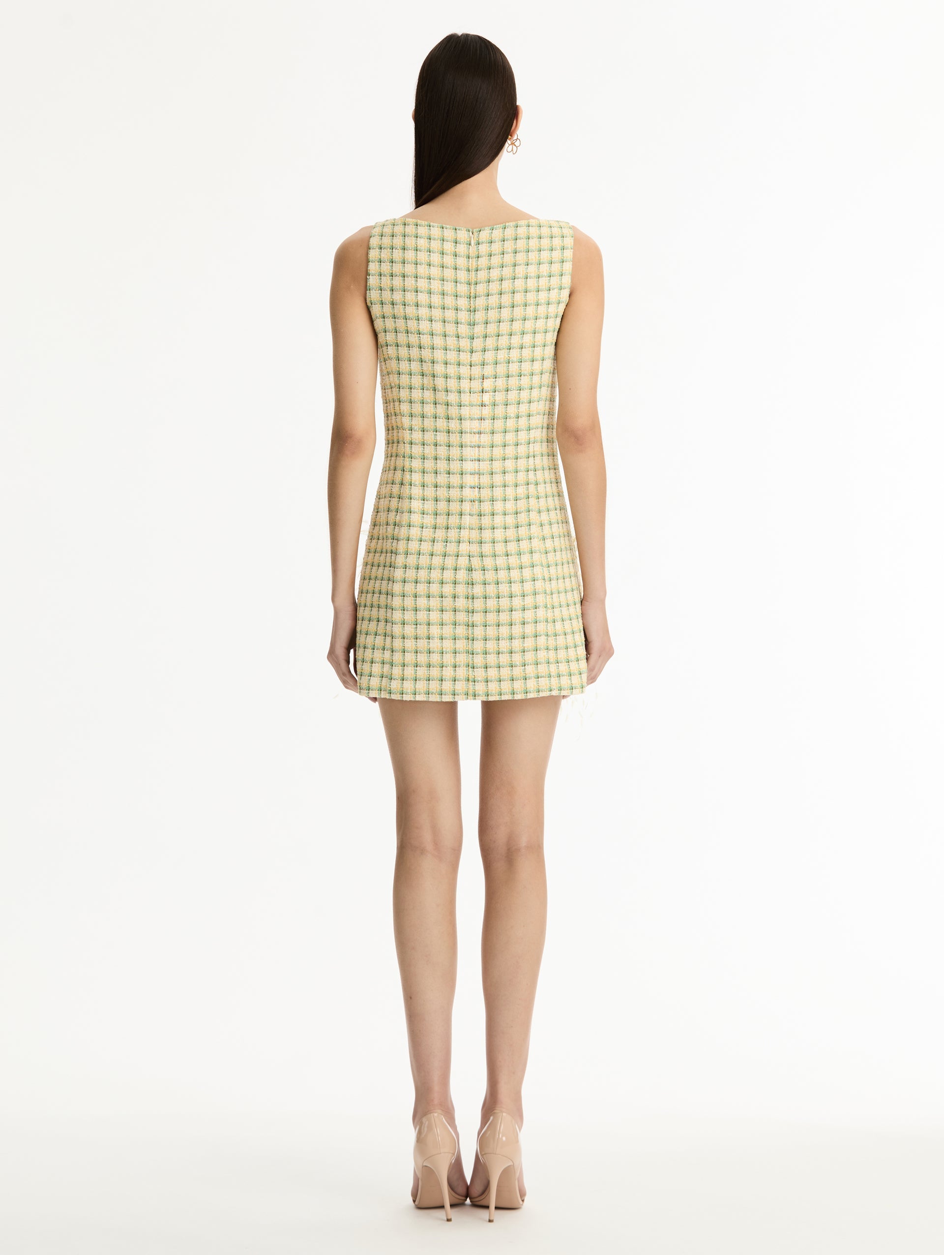 Point d’Esprit Feather Embroidered Checked Tweed Dress Butter multi / Oscar de la Renta