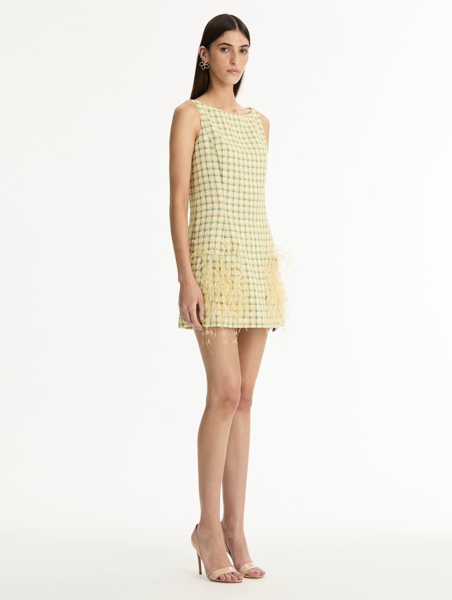 Point d’Esprit Feather Embroidered Checked Tweed Dress Butter multi / Oscar de la Renta
