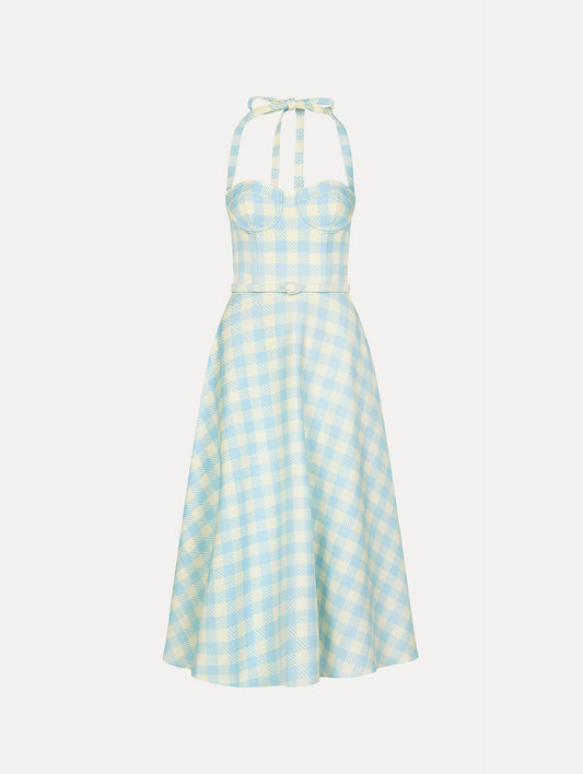 Gingham Bustier Wool-Blend Dress Ice/white / Oscar de la Renta