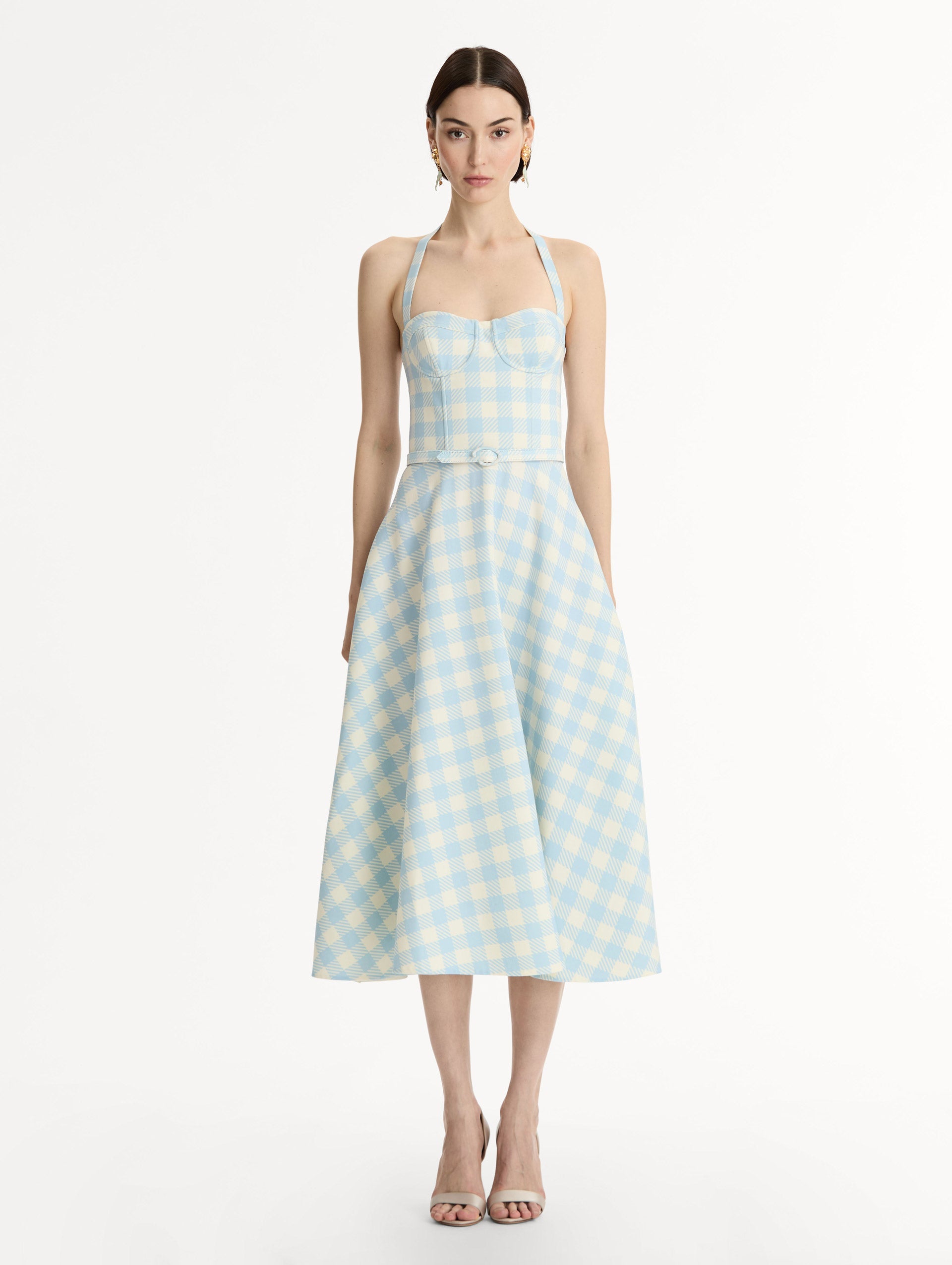 Gingham Bustier Wool-Blend Dress Ice/white / Oscar de la Renta