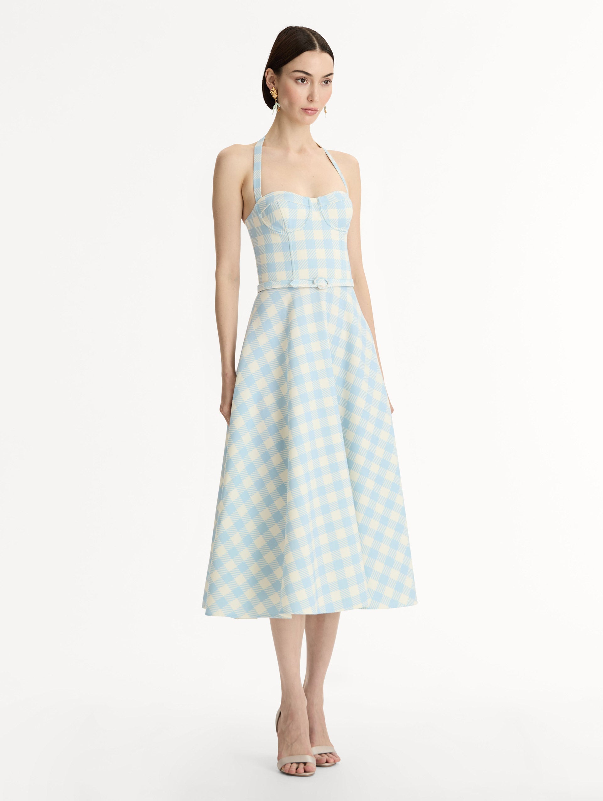 Gingham Bustier Wool-Blend Dress Ice/white / Oscar de la Renta