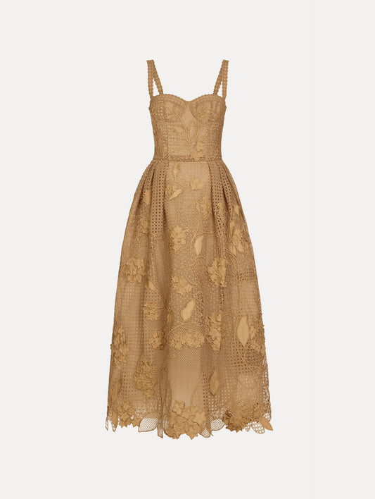 Porcelain Flower Guipure Lattice Cocktail Dress Khaki / Oscar de la Renta
