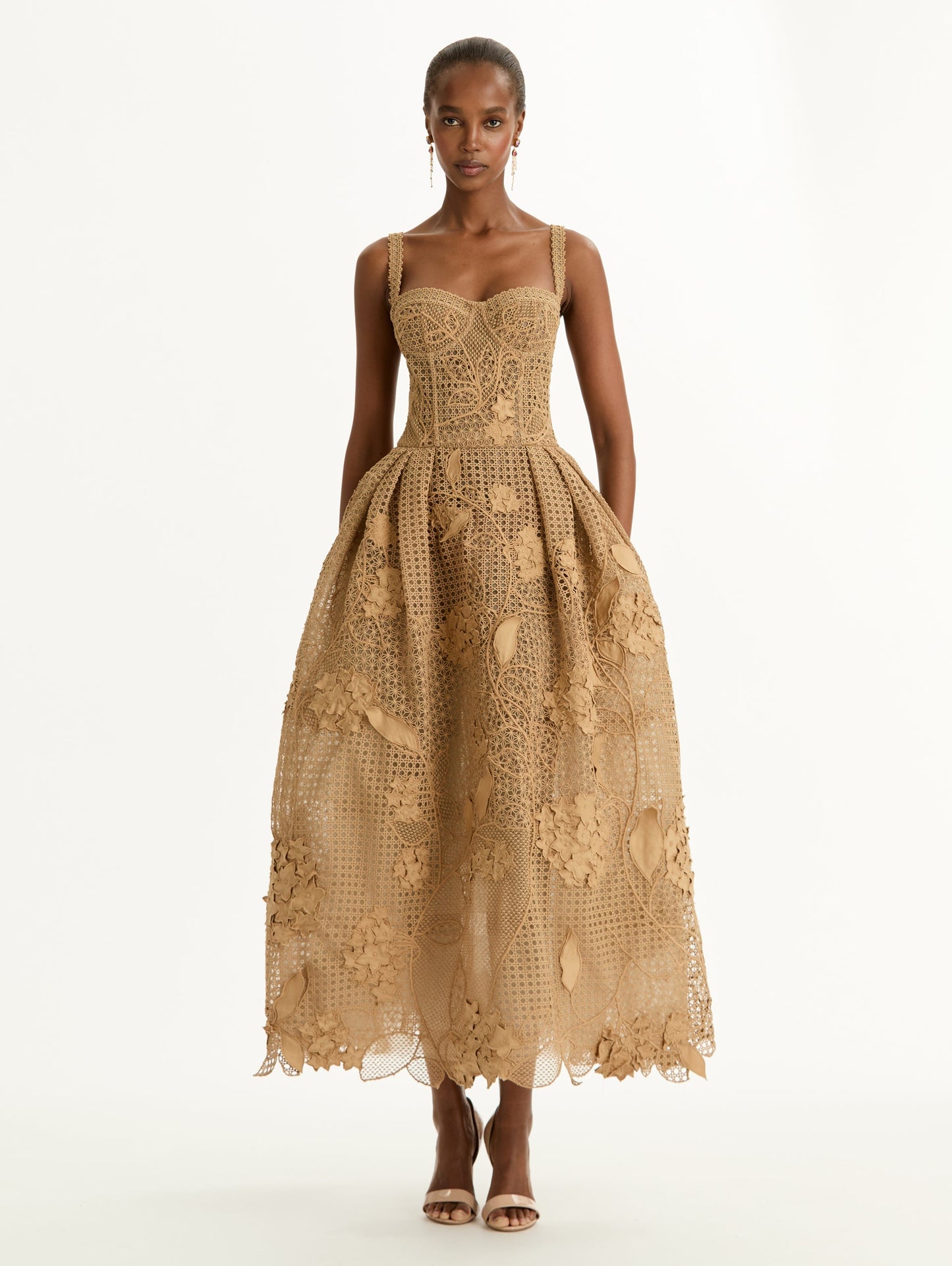 Porcelain Flower Guipure Lattice Cocktail Dress Khaki / Oscar de la Renta