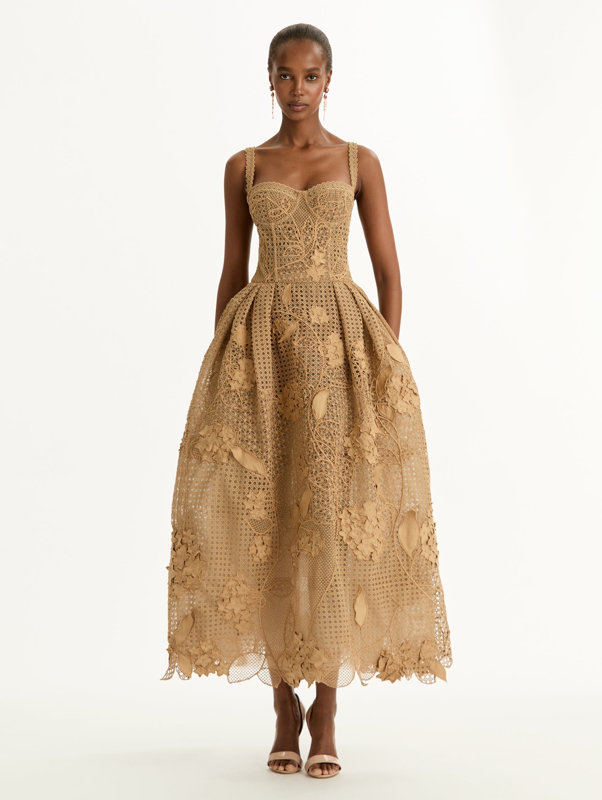 Porcelain Flower Guipure Lattice Cocktail Dress Khaki / Oscar de la Renta
