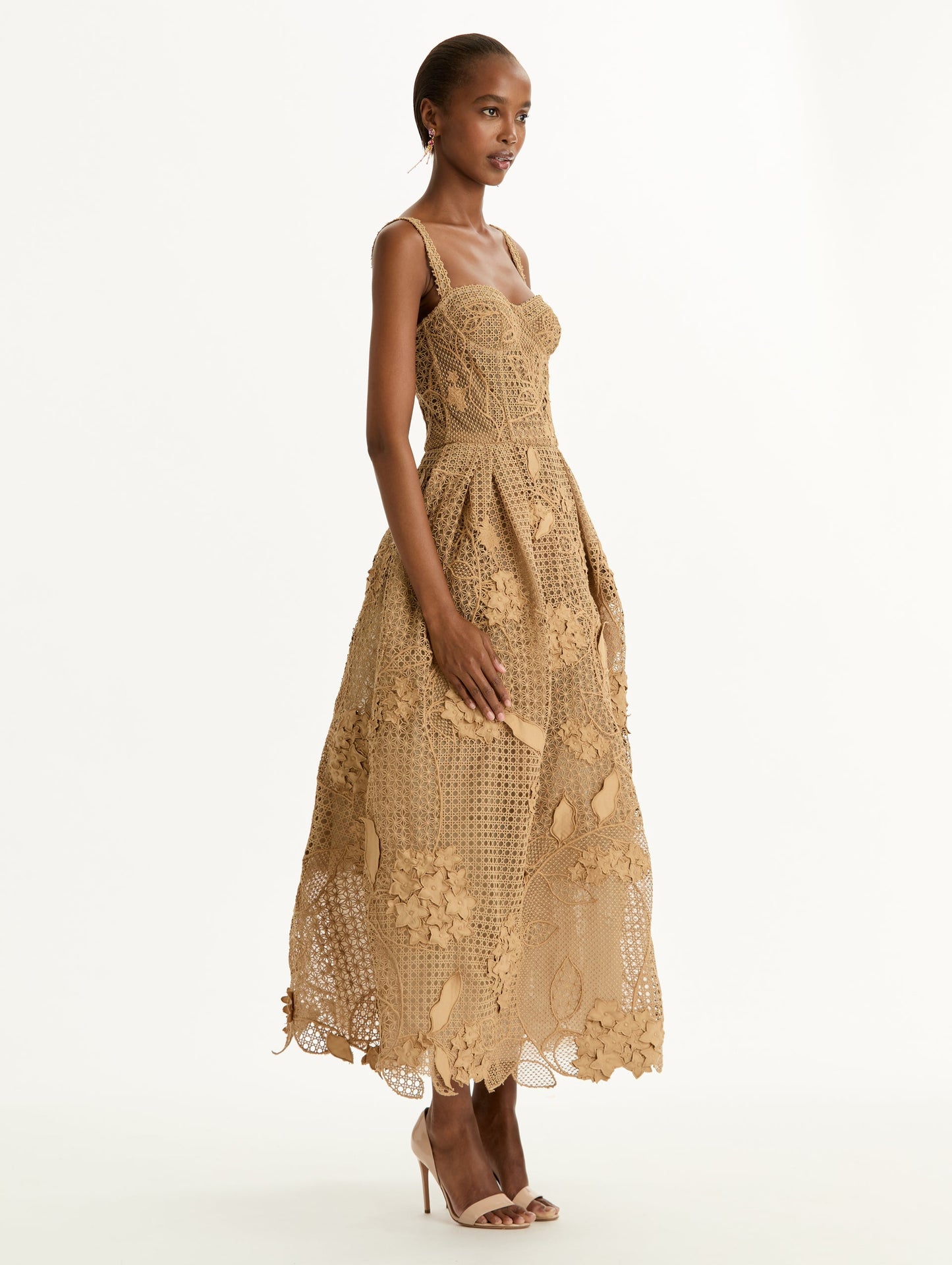 Porcelain Flower Guipure Lattice Cocktail Dress Khaki / Oscar de la Renta