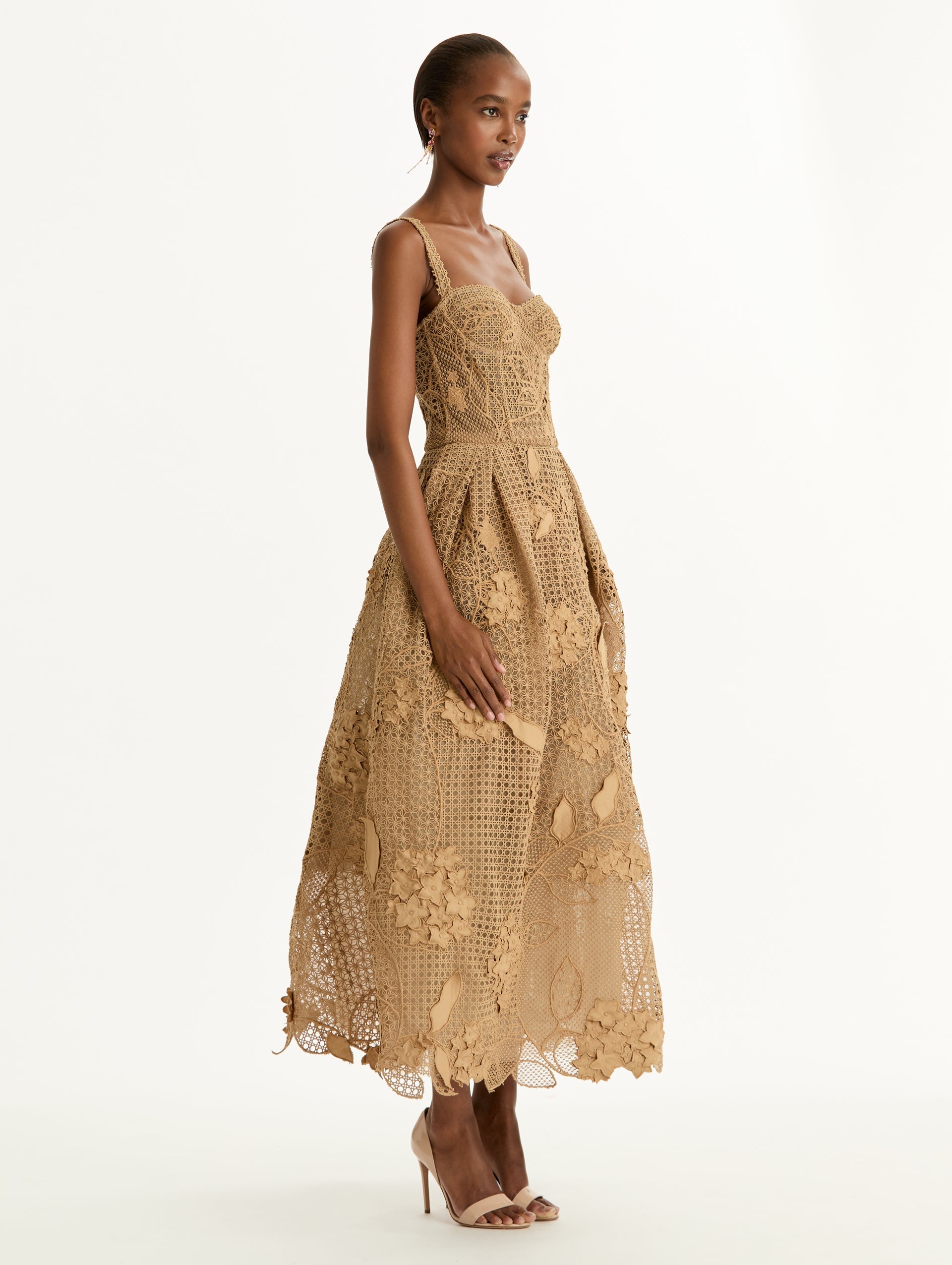 Porcelain Flower Guipure Lattice Cocktail Dress Khaki / Oscar de la Renta