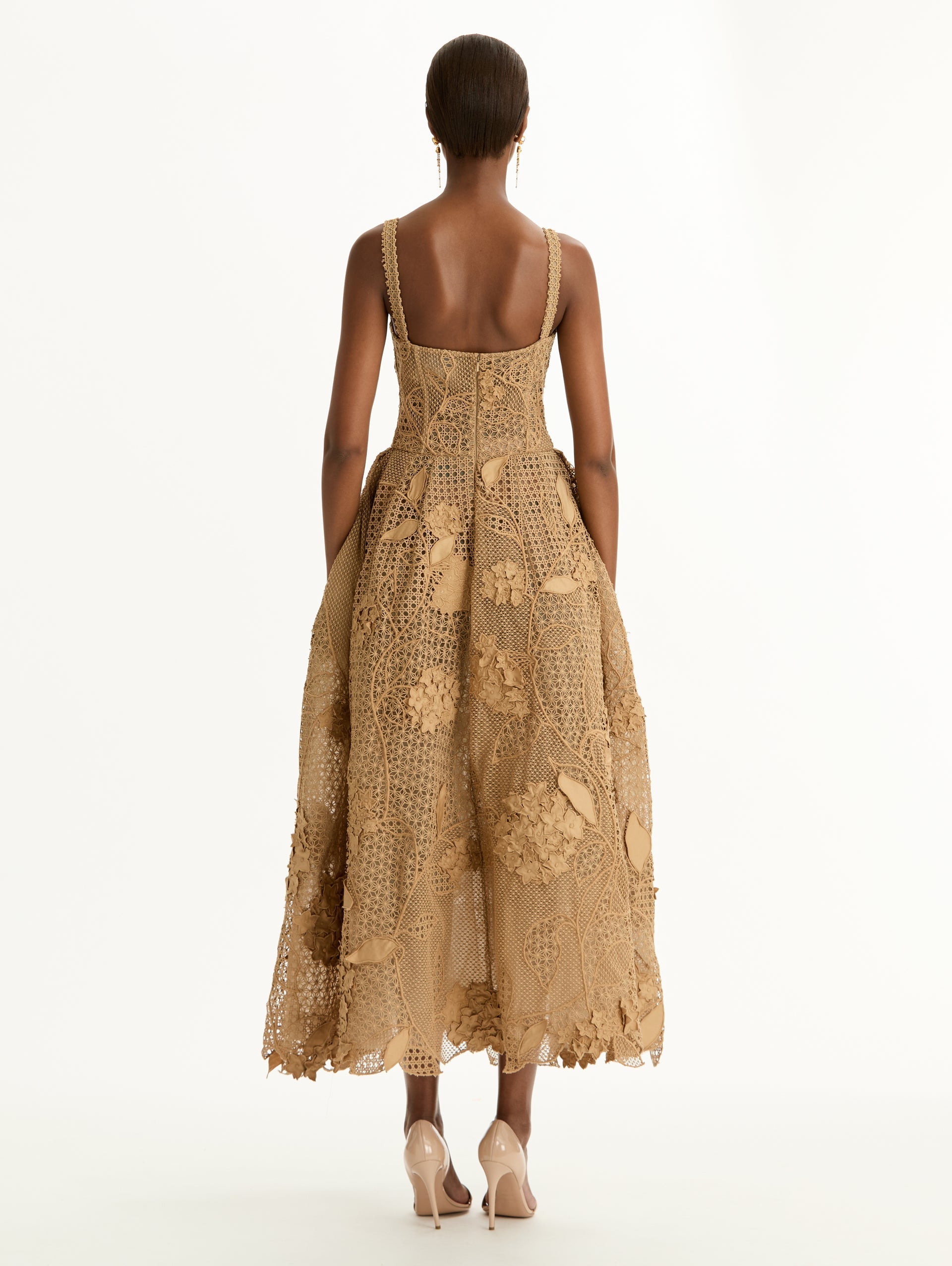 Porcelain Flower Guipure Lattice Cocktail Dress Khaki / Oscar de la Renta