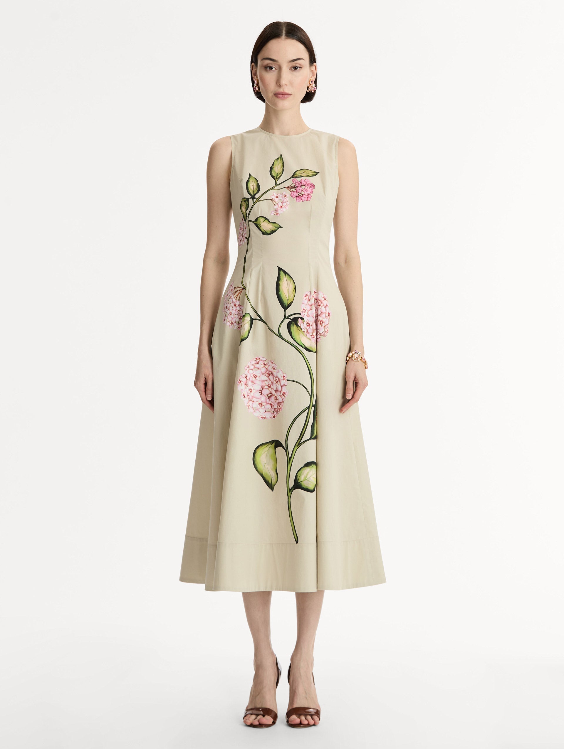 Porcelain Flower Cotton Poplin Sleeveless Dress Pink/oatmeal / Oscar de la Renta
