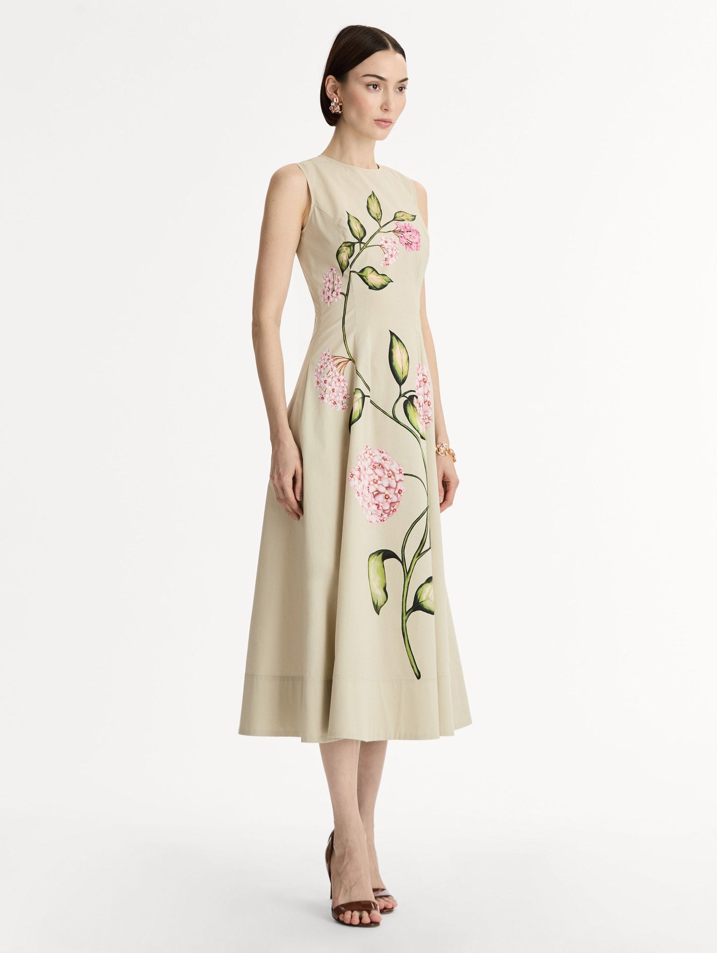 Porcelain Flower Cotton Poplin Sleeveless Dress Pink/oatmeal / Oscar de la Renta