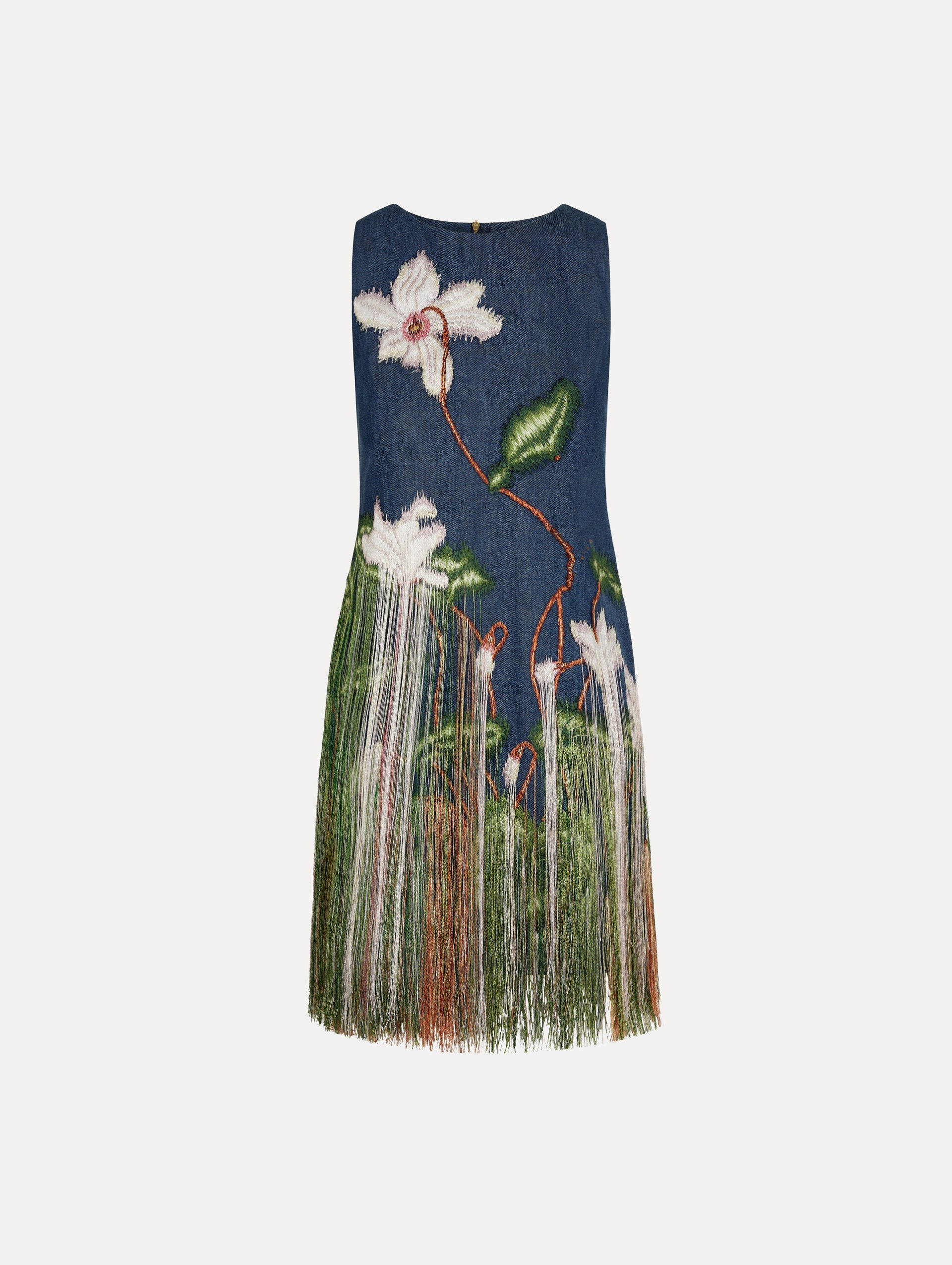 Chiné Cyclamen Threadwork Fringe Shift Dress Medium wash / Oscar de la Renta