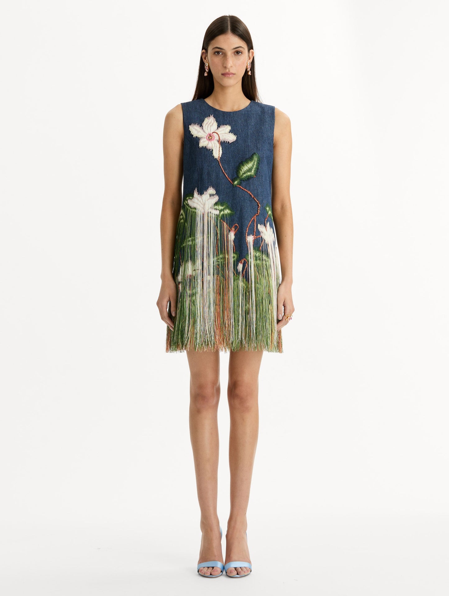Chiné Cyclamen Threadwork Fringe Shift Dress Medium wash / Oscar de la Renta