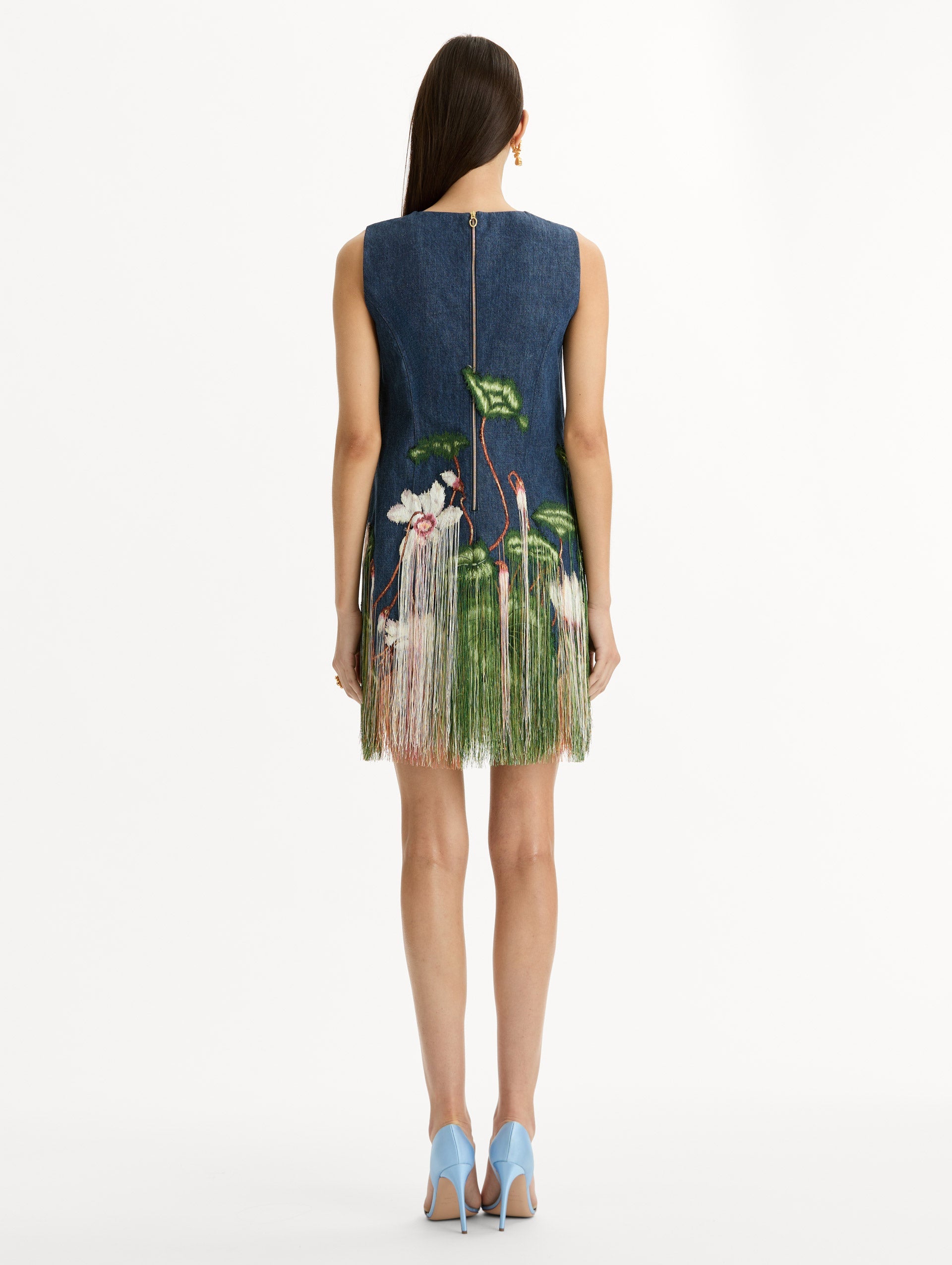 Chiné Cyclamen Threadwork Fringe Shift Dress Medium wash / Oscar de la Renta