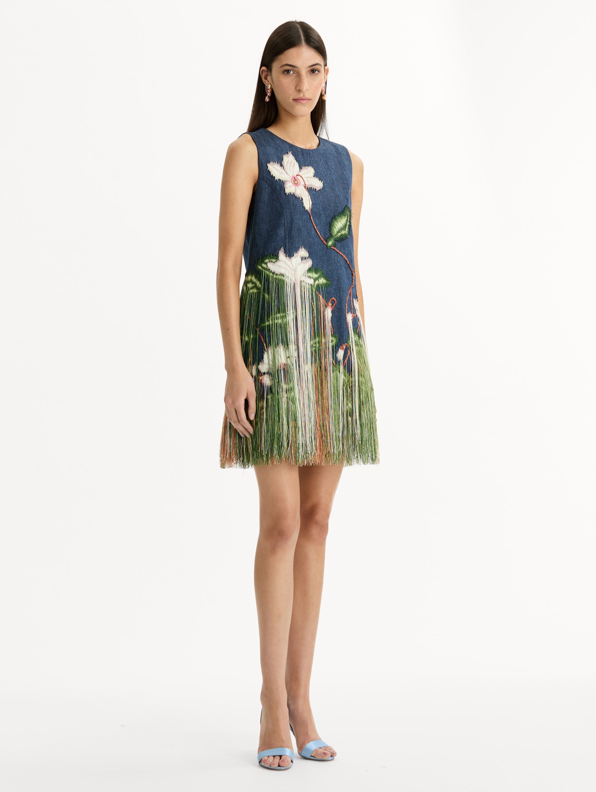 Chiné Cyclamen Threadwork Fringe Shift Dress Medium wash / Oscar de la Renta