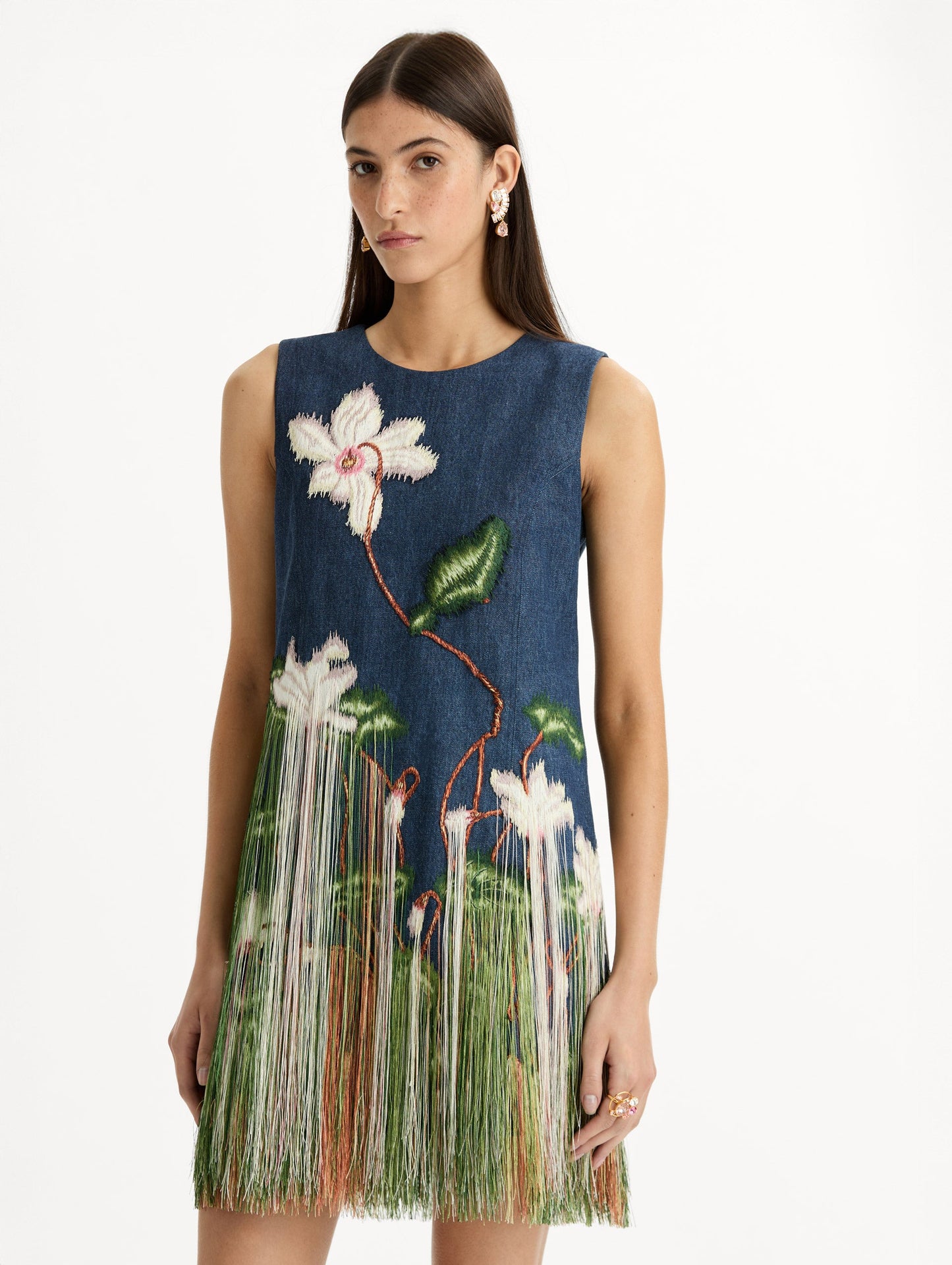 Chiné Cyclamen Threadwork Fringe Shift Dress Medium wash / Oscar de la Renta