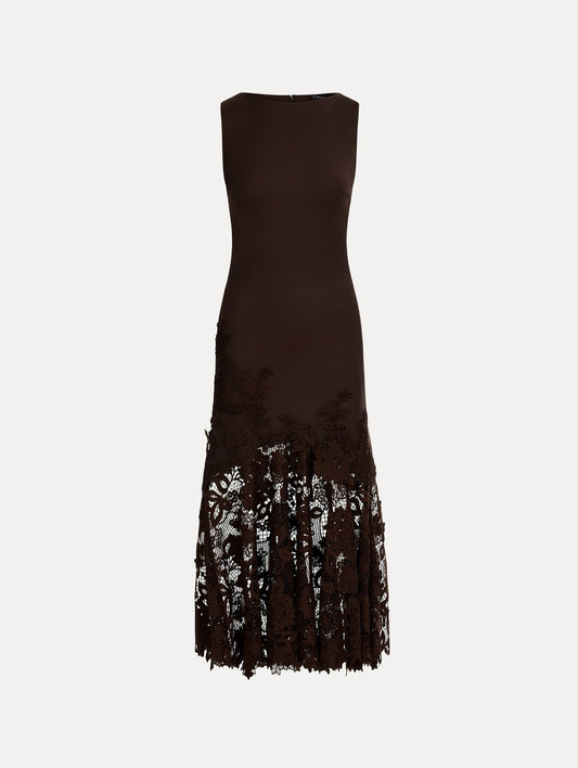 Porcelain Flower Guipure Trumpet Dress Mahogany / Oscar de la Renta