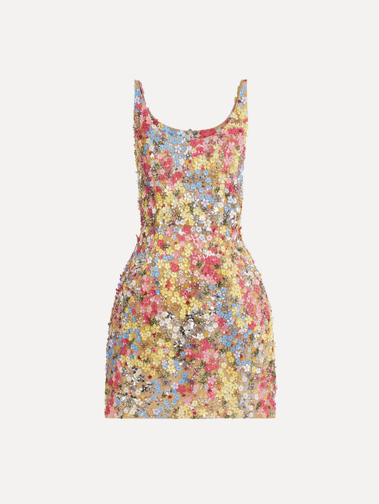 Porcelain Flower Embroidered Sleeveless Dress Multi / Oscar de la Renta