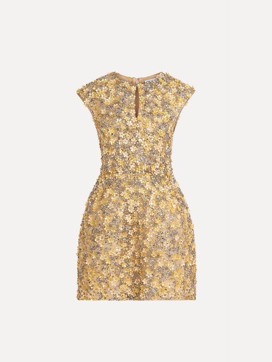 Porcelain Flower Embroidered Cap-Sleeve Dress Butter / Oscar de la Renta