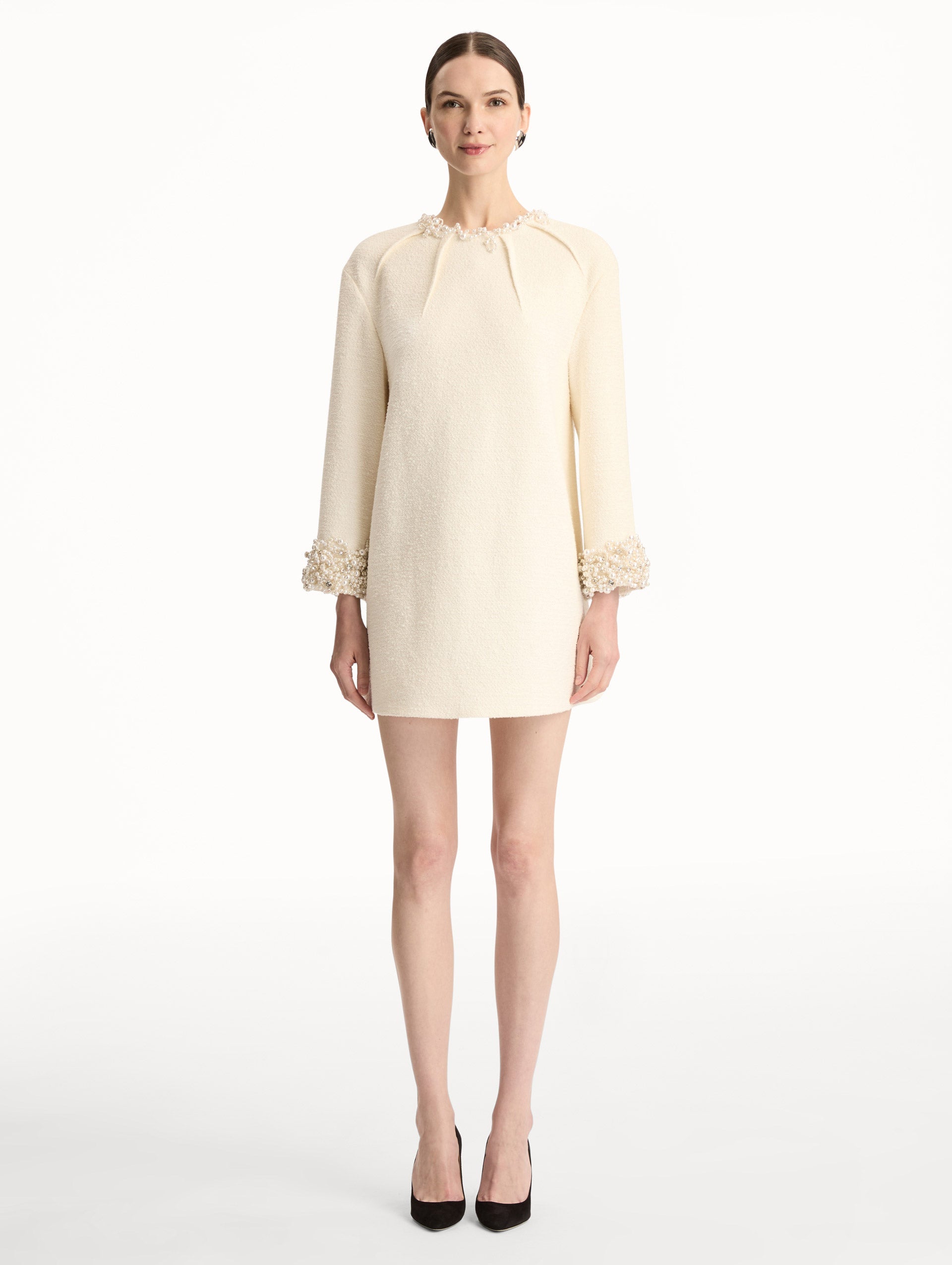 Pearl Embroidered Tweed Shift Dress Ivory / Oscar de la Renta
