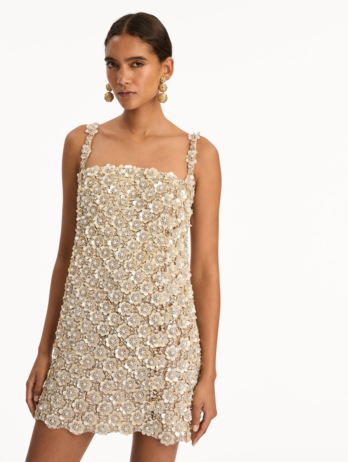 Mother of Pearl Embroidered Shift Dress Silver / Oscar de la Renta