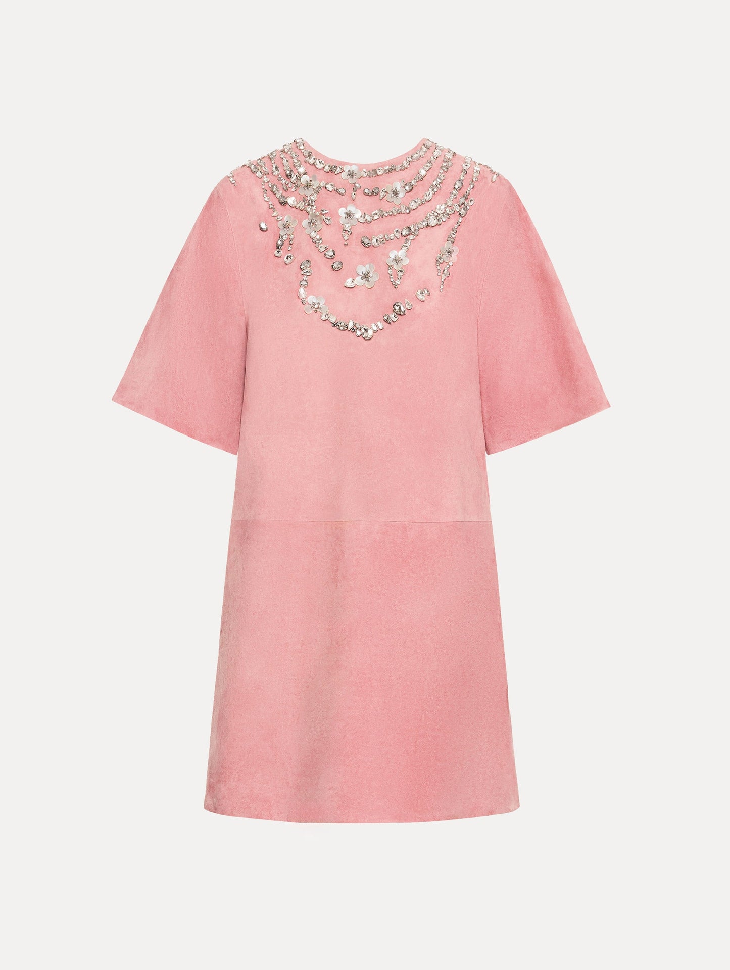 Crystal Necklace Embroidered Suede Dress Antique rose / Oscar de la Renta