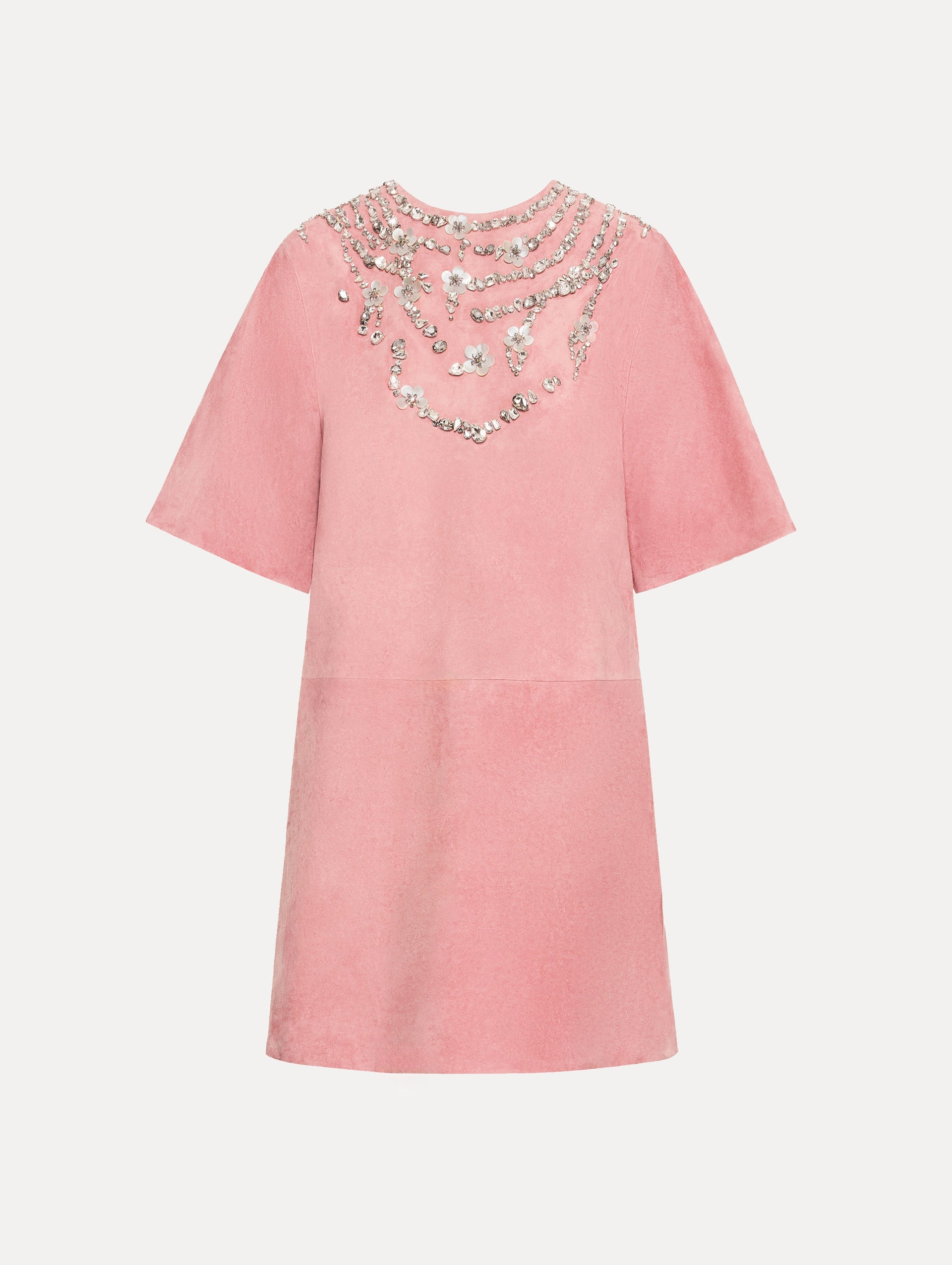 Crystal Necklace Embroidered Suede Dress Antique rose / Oscar de la Renta