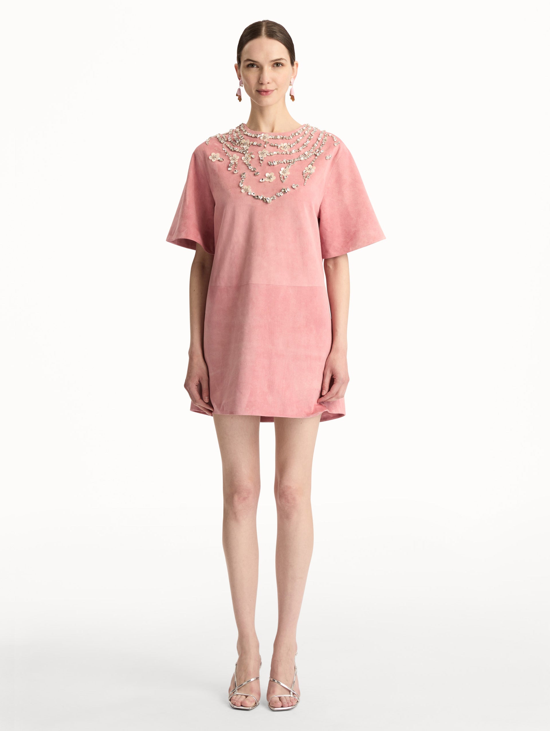 Crystal Necklace Embroidered Suede Dress Antique rose / Oscar de la Renta