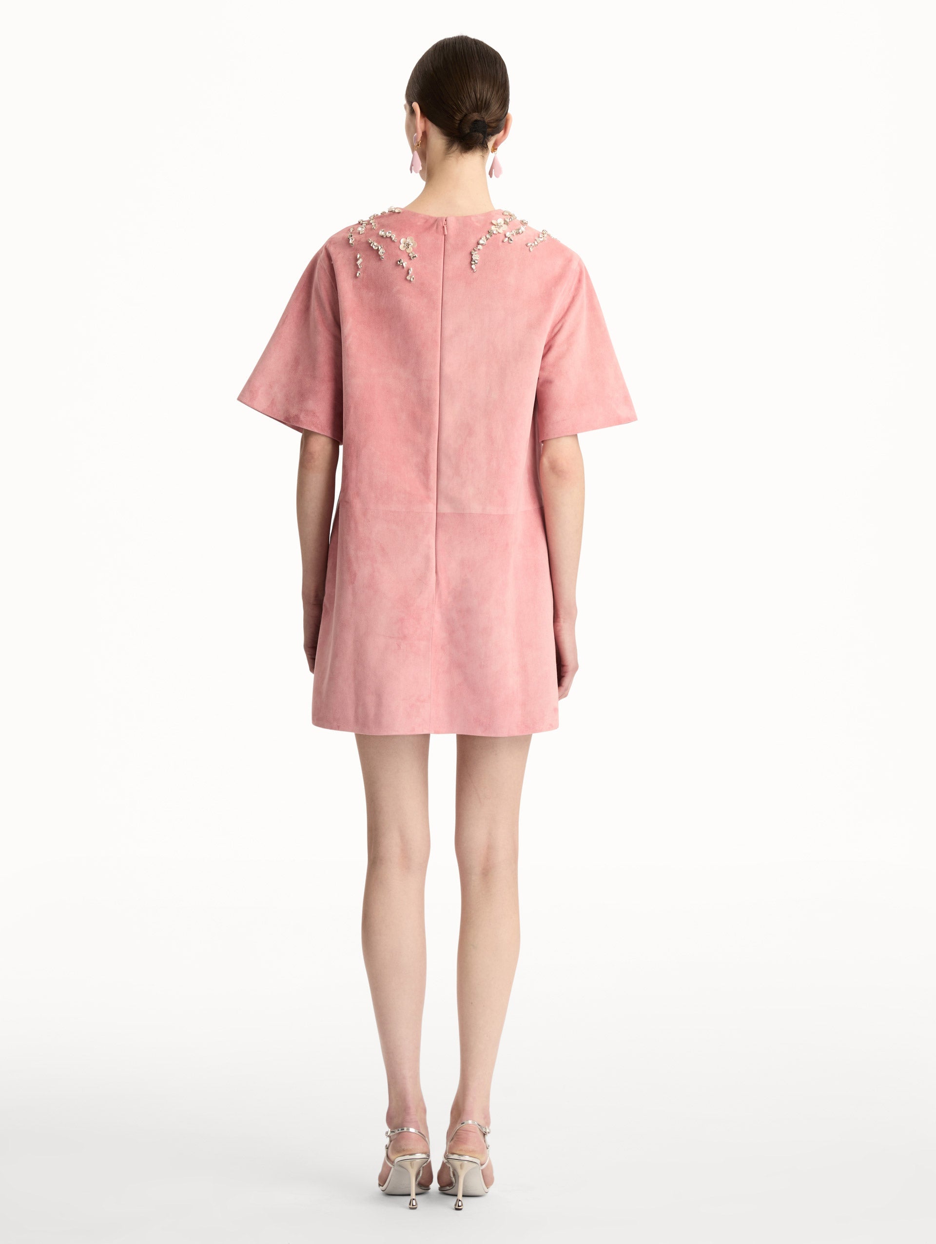 Crystal Necklace Embroidered Suede Dress Antique rose / Oscar de la Renta