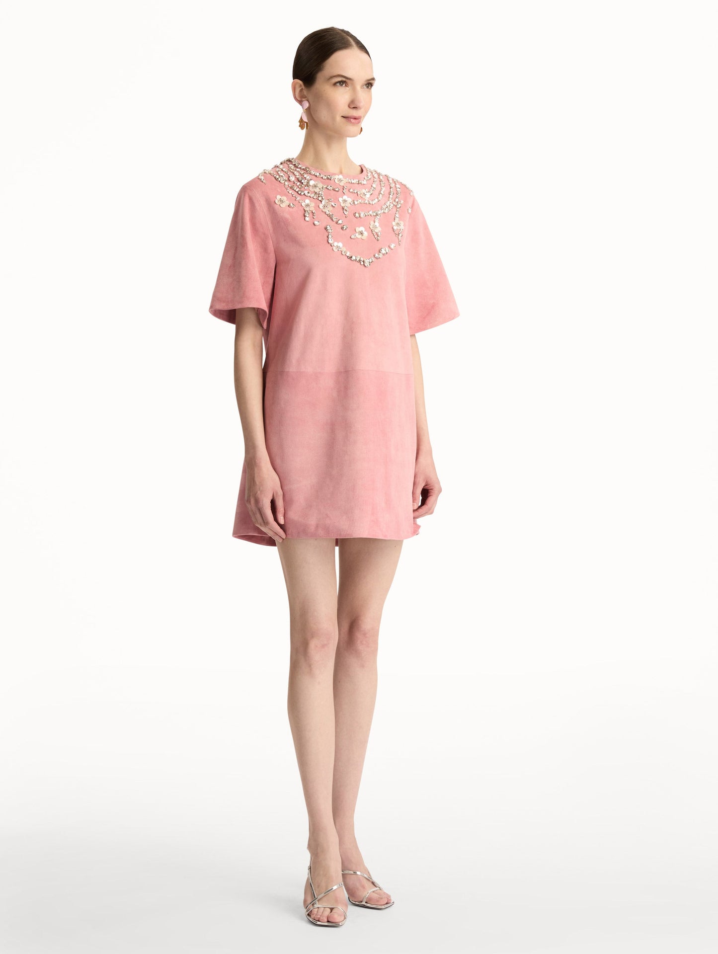 Crystal Necklace Embroidered Suede Dress Antique rose / Oscar de la Renta