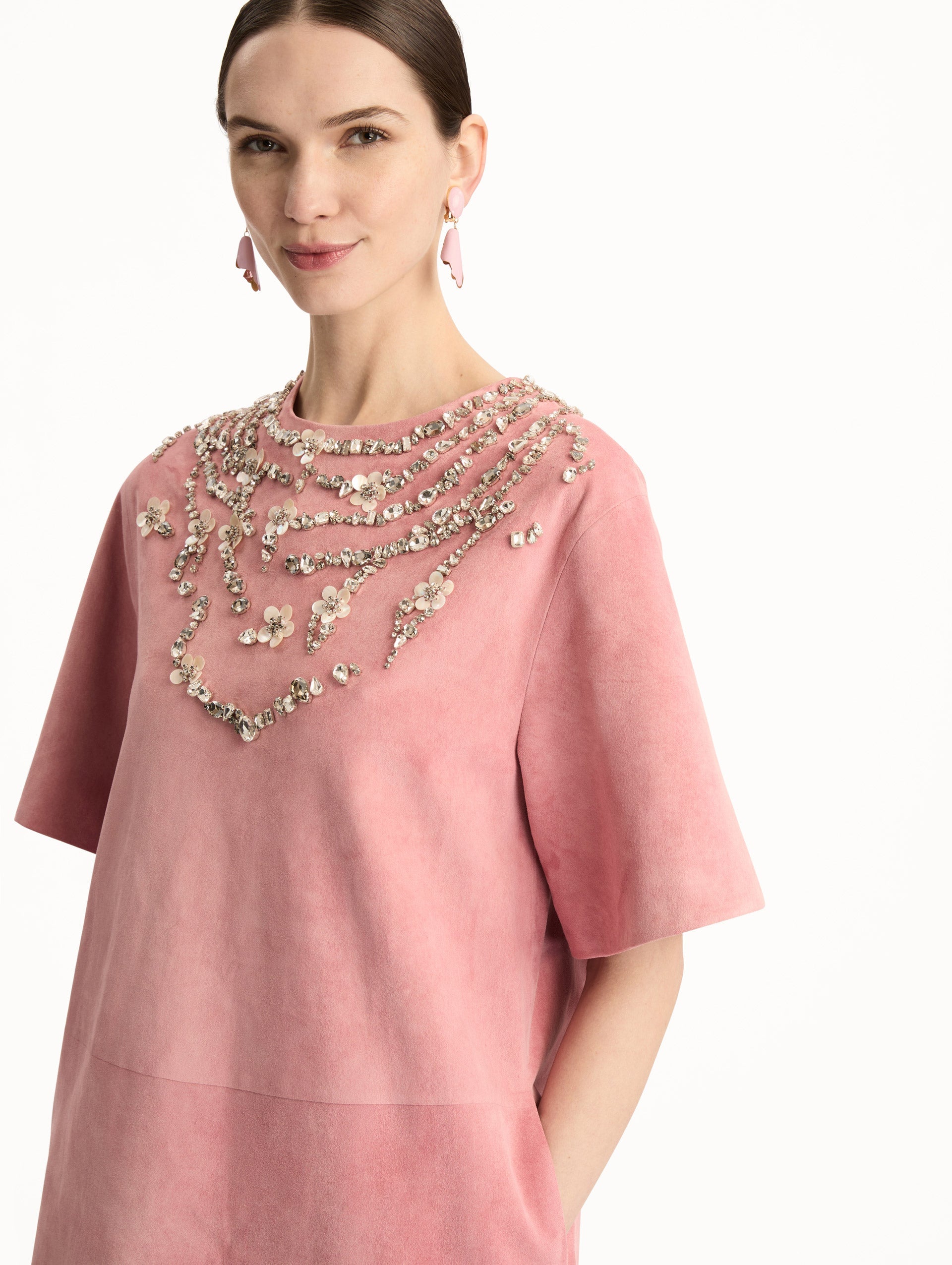 Crystal Necklace Embroidered Suede Dress Antique rose / Oscar de la Renta