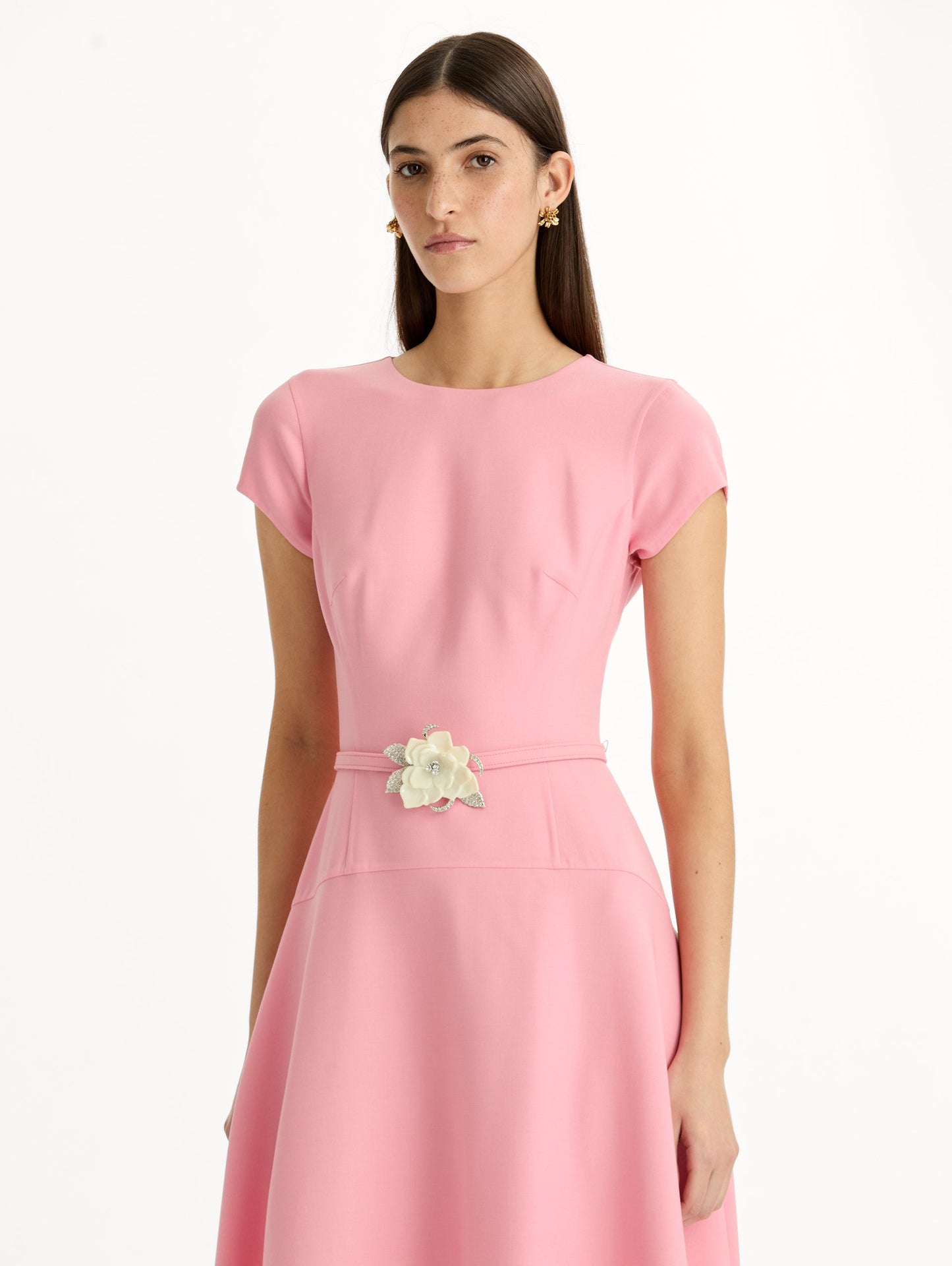 Floral Belt Short Sleeve Dress Petal / Oscar de la Renta