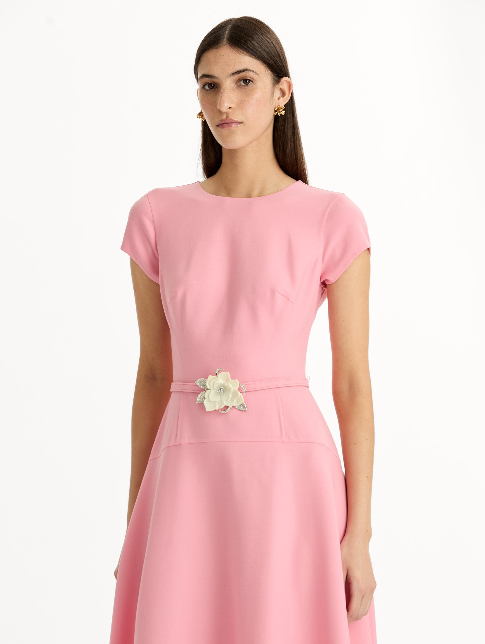 Floral Belt Short Sleeve Dress Petal / Oscar de la Renta