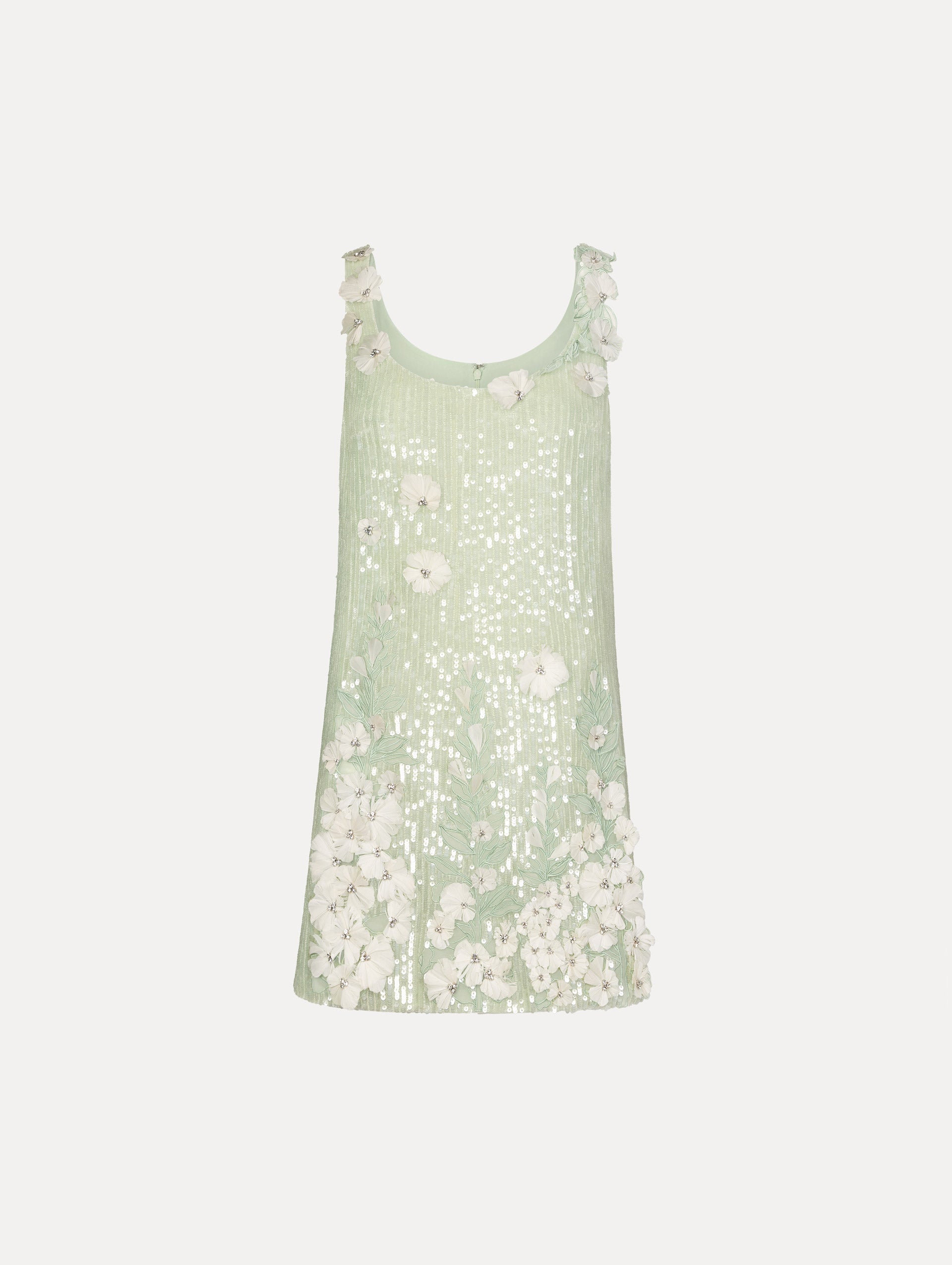 Foxglove Embroidered Sequin Tulle Shift Dress Green / Oscar de la Renta