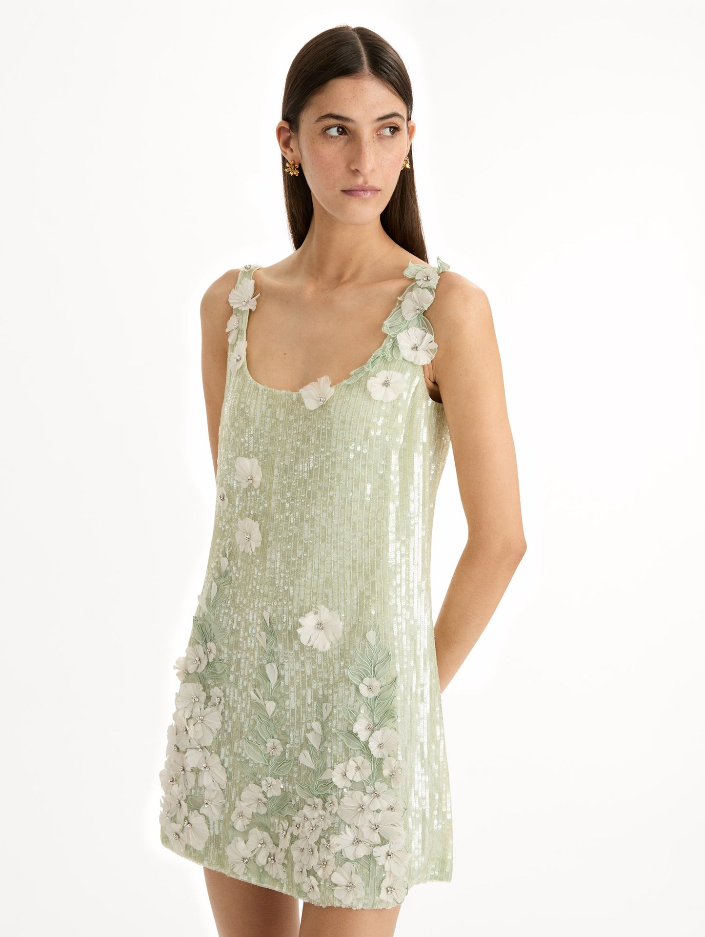 Foxglove Embroidered Sequin Tulle Shift Dress Green / Oscar de la Renta