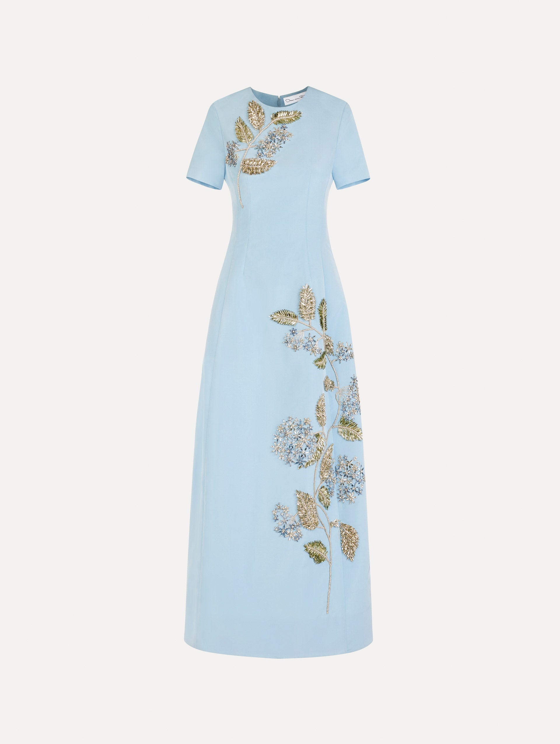 Crystal Flower Embroidered Faille Dress Cerulean / Oscar de la Renta