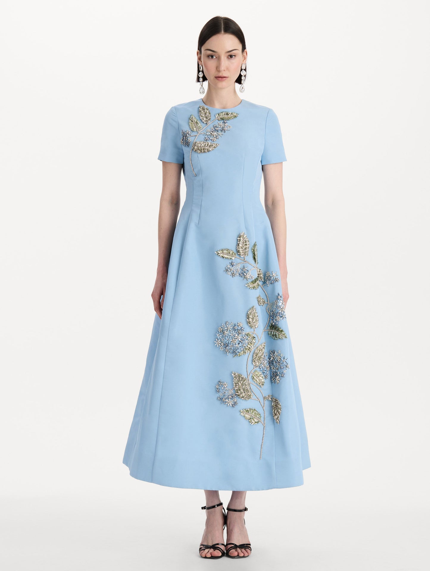 Crystal Flower Embroidered Faille Dress Cerulean / Oscar de la Renta