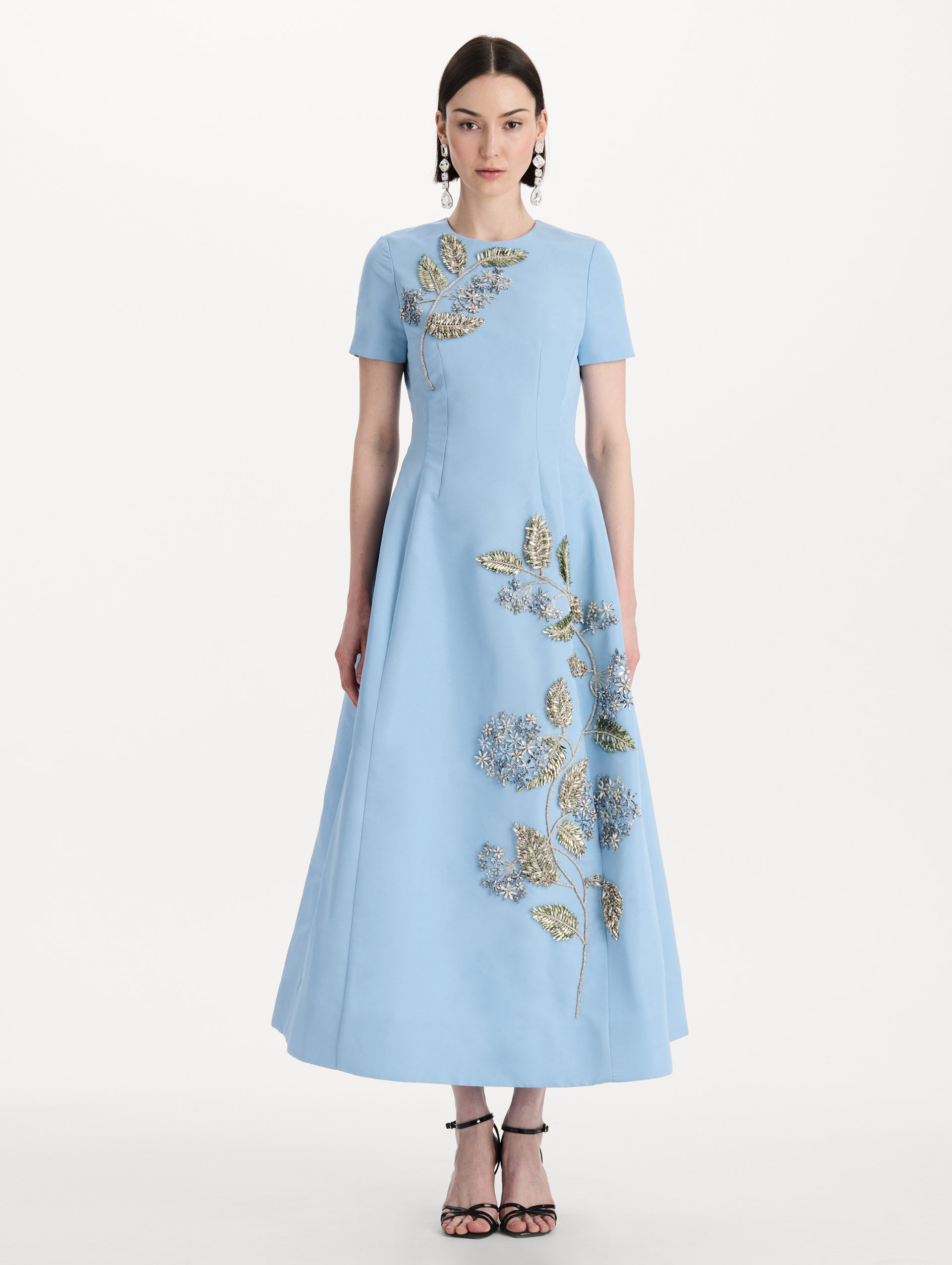 Crystal Flower Embroidered Faille Dress Cerulean / Oscar de la Renta